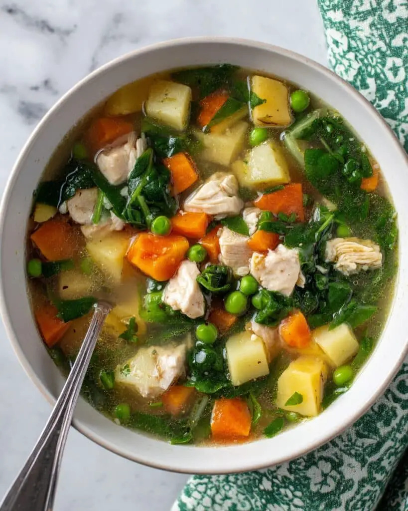 Creamy Cauliflower and Potato Soup with Asparagus, Peas, and Basil Recipe