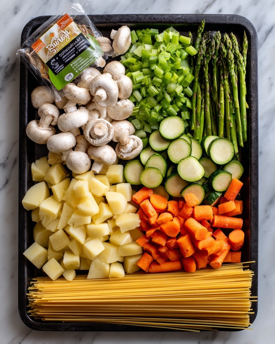 The image shows a black tray filled with neatly arranged raw ingredients in separate groups: white mushrooms on the top left, light green chopped celery next to them, bright green asparagus cut into small pieces on the top right, round green zucchini slices on the bottom left, pale yellow potato cubes in the middle, and orange carrot rounds on the bottom right. At the bottom center, there is a bundle of uncooked spaghetti noodles lying horizontally. The tray rests on a white marbled surface. A packet of lemon and thyme sauce is placed on the top left corner of the tray. Photo taken with an iphone --ar 4:5 --v 7