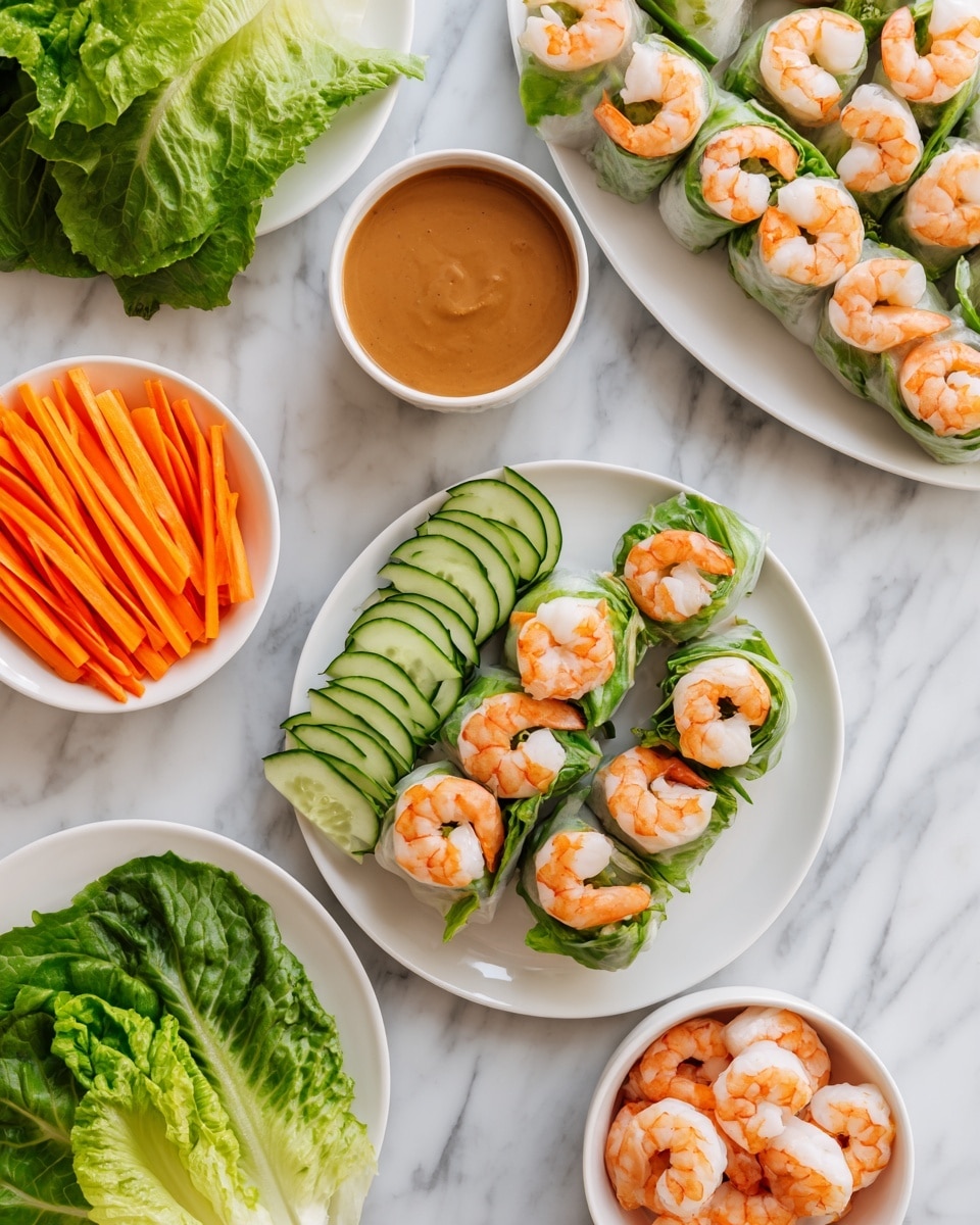 The image shows several fresh spring rolls arranged on white plates with vibrant green lettuce leaves at the base, topped with pinkish-orange shrimp and thin, bright orange carrot strips. In the center, there is a neat pile of crisp carrot sticks and green cucumber sticks on a white marbled surface. Nearby, a small white bowl holds a creamy brown dipping sauce, and another white bowl is filled with cooked shrimp. Fresh green lettuce leaves lay scattered around. The scene is bright and colorful with fresh textures. Photo taken with an iphone --ar 4:5 --v 7