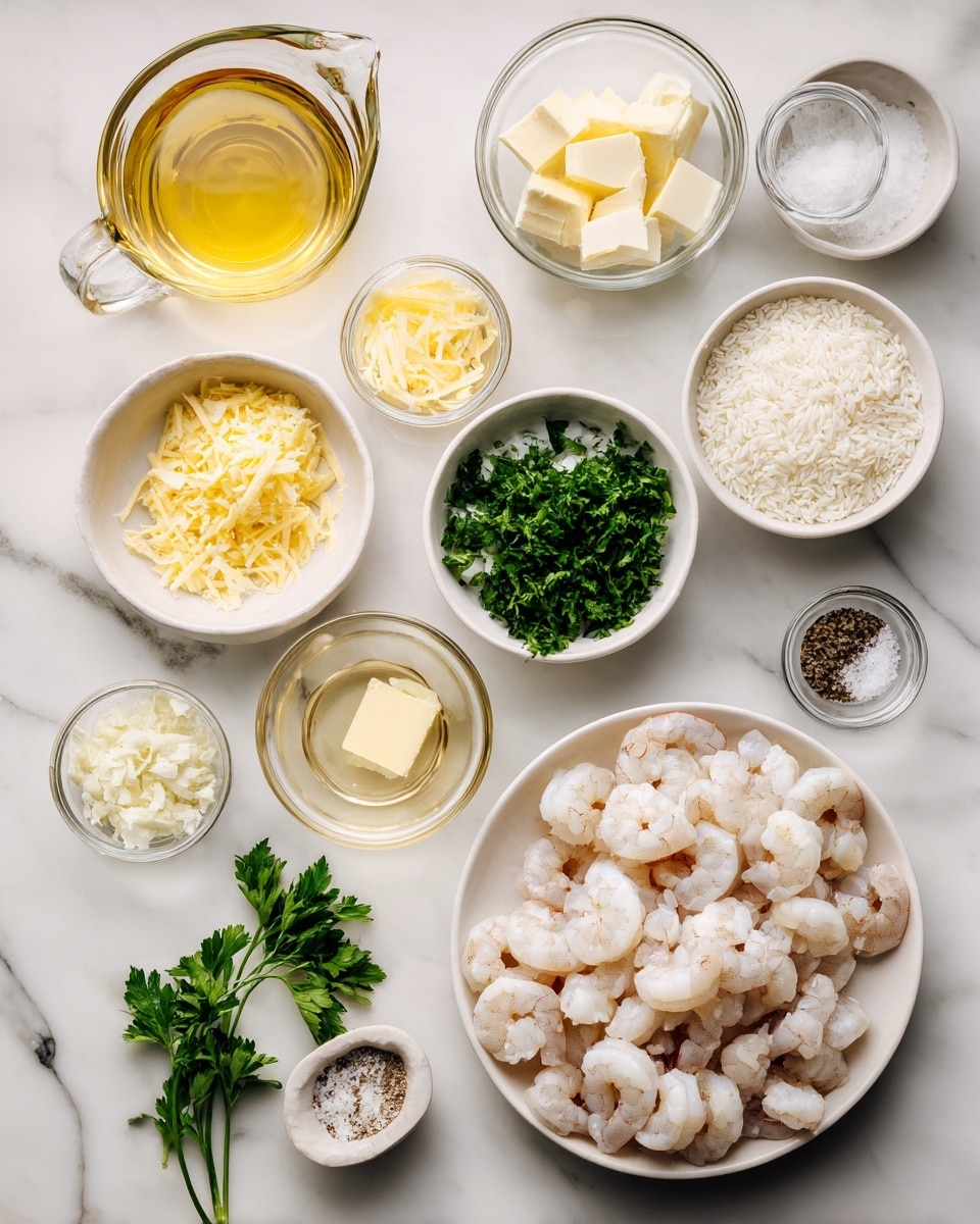 The image shows a white marbled surface with small white bowls and glass cups arranged neatly. There is a white plate filled with peeled shrimp in the center-right. Around it, there are bowls with chopped onions, fresh parsley, minced garlic, lemon zest, and grated cheese. A small measuring cup holds a light yellow liquid, and clear glass cups contain butter cubes, broth, and white wine. Two small bowls carry salt and black pepper. At the top right, two small white bowls hold uncooked white rice and another powdered ingredient. The whole setup is clean and bright. photo taken with an iphone --ar 4:5 --v 7