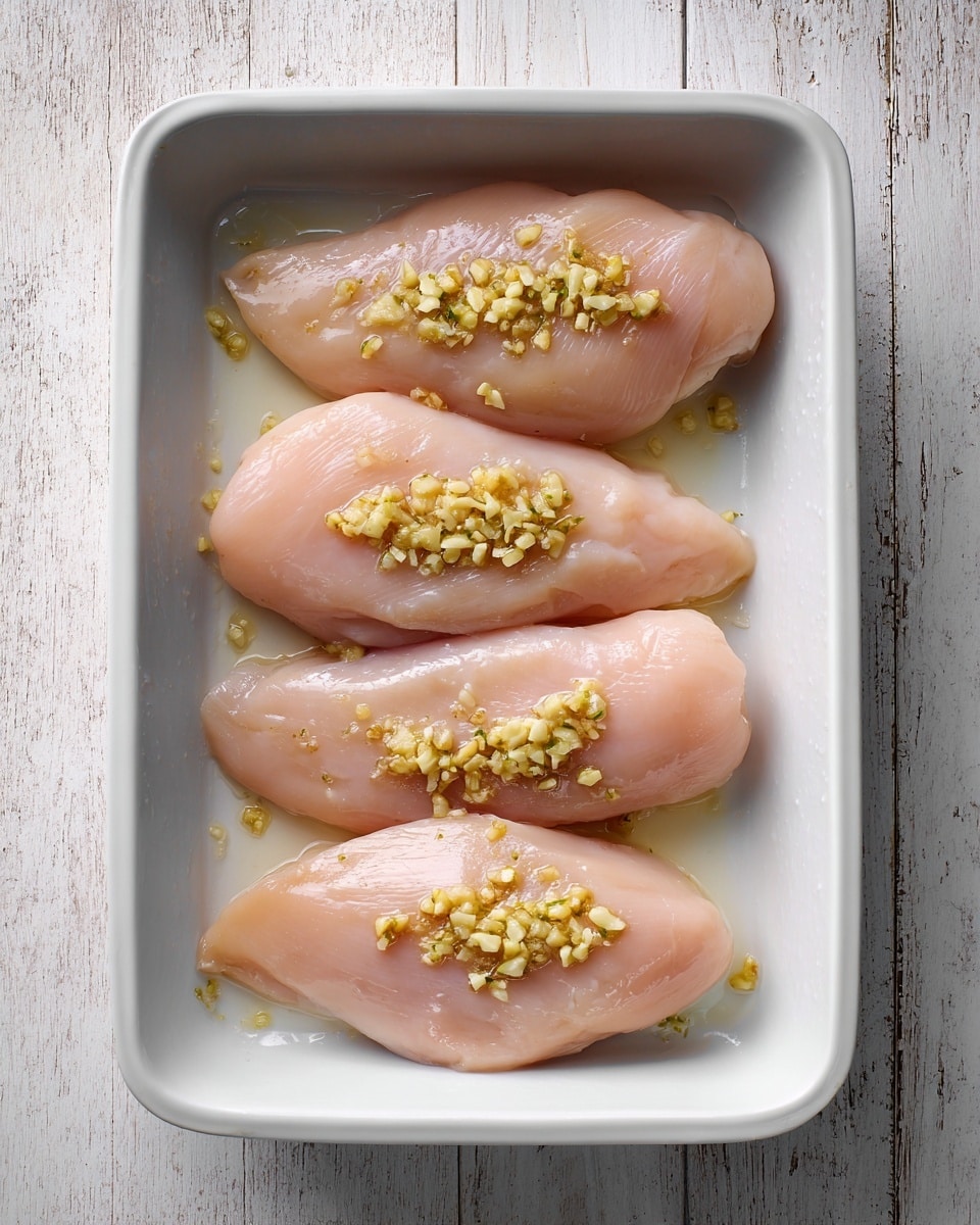 A white rectangular baking dish holds four smooth, pale pink chicken fillets, arranged side by side in a single layer. Each fillet is sprinkled evenly with small chunks of minced garlic that add a light yellow contrast to the meat. The dish rests on a white marbled surface, showing some wood texture background around it. The photo taken with an iphone --ar 4:5 --v 7