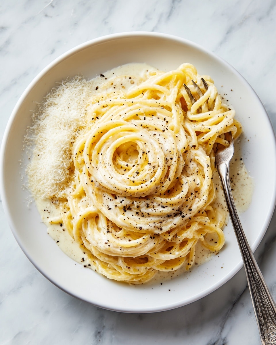 A white plate filled with a single layer of light yellow pasta, mixed with creamy sauce and a few small, light brown pieces of mushroom, with a shiny silver fork resting on the right side of the plate. Above it, a shiny silver pan holds more of the same pasta, with a layer of pale yellow cheese melted on top. A pair of black tongs is placed on the pan. The surface beneath everything is a white marbled texture. Photo taken with an iphone --ar 4:5 --v 7