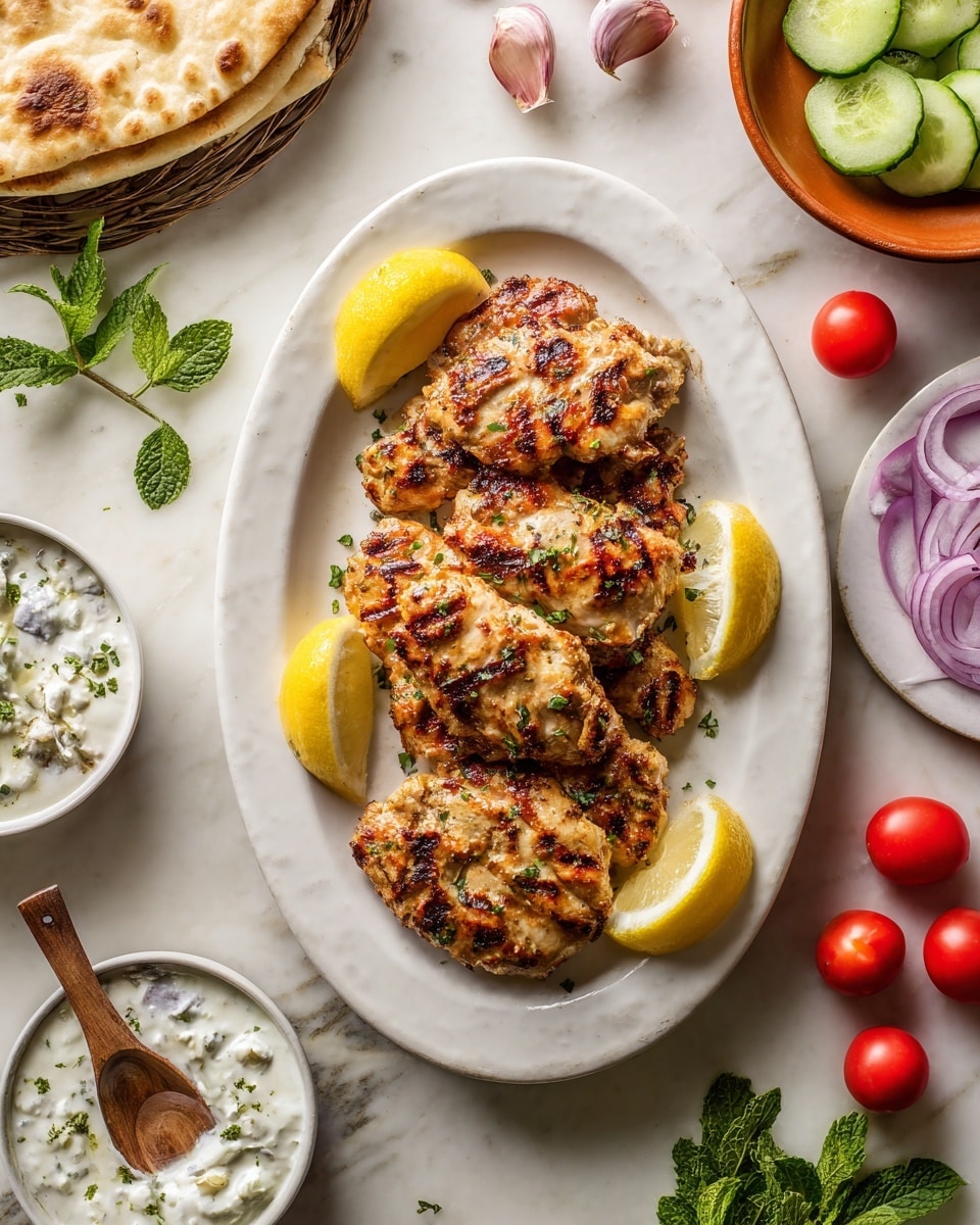 The image shows a white oval plate on a white marbled surface. On the plate, there are six grilled pieces of chicken, stacked in two uneven layers, with golden-brown char marks and a slightly shiny texture. Around the chicken, there are three lemon wedges placed near the edges of the plate. At the bottom left of the plate, there is a small round white bowl with a creamy white sauce topped with herbs, and a wooden spoon inside it. Nearby, on the surface, there are three red cherry tomatoes to the right and scattered garlic cloves, some purple onion slices, and fresh green mint leaves. A piece of flatbread is visible at the top left corner, and a small terracotta bowl of sliced green cucumber salad is near the top center. photo taken with an iphone --ar 4:5 --v 7