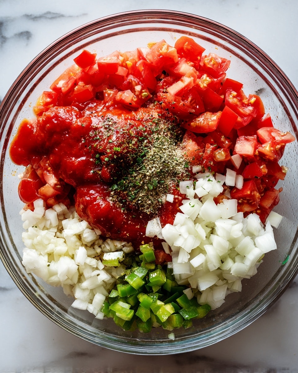 A clear glass bowl sits on a white marbled surface, filled with several separate layers of ingredients. The largest layer is made of chopped red tomatoes spread across the bowl, accompanied by small green pieces of chopped peppers near the bottom. There are white chunks of chopped onions scattered mainly on the right side, and finely chopped white garlic on the left side. Below the tomatoes on the left is a layer of bright red sauce, and black pepper with herbs sits in the center. The ingredients are fresh and colorful, creating a balanced mix of red, green, white, and black inside the bowl. photo taken with an iphone --ar 4:5 --v 7