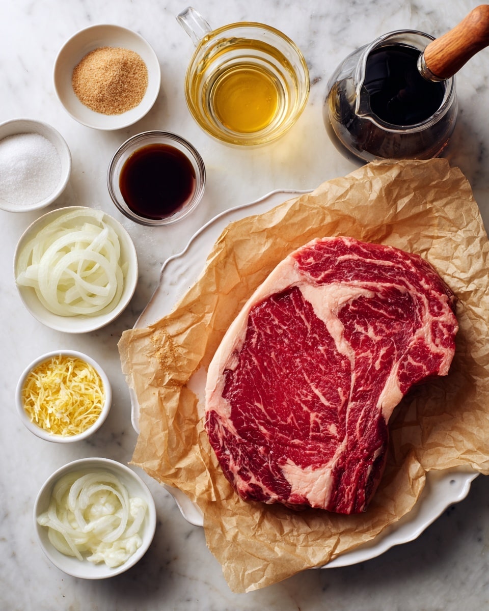 A large raw red steak with white marbling sits on crinkled light brown parchment paper on a white plate with a scalloped edge, placed on a white marbled surface. To the left, there are eight small white bowls and glass cups arranged in a neat grid, each holding different ingredients: thin white onion slices in a bowl at the bottom, a small bowl with finely grated yellow ginger at the bottom left, a bowl with brown sugar above that, a small bowl with light yellow chopped garlic at the top left, a clear glass cup with light golden liquid above the sugar, a small bowl with dark red sauce in the middle, a small white bowl with white salt powder above the sauce, and a glass jug with dark soy-like liquid and a wooden handle at the top right. photo taken with an iphone --ar 4:5 --v 7