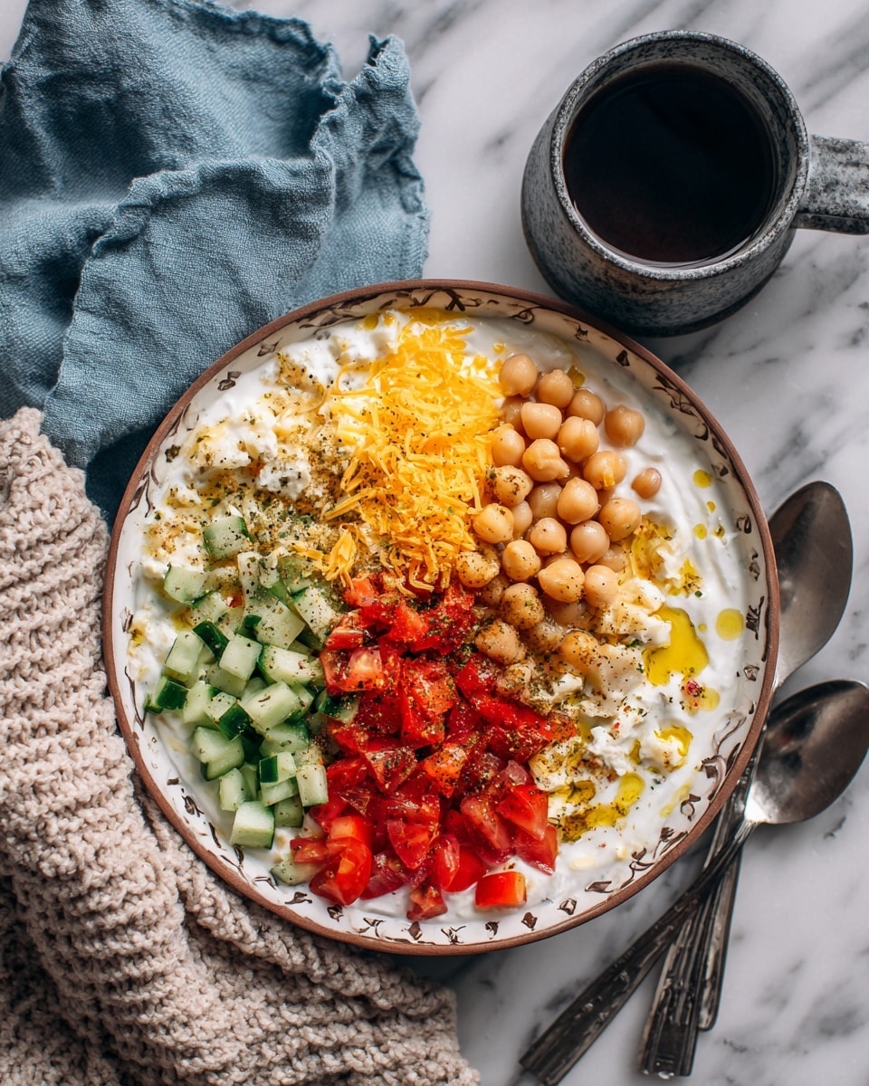 The dish is served in a white bowl with a light beige decorative rim and intricate golden patterns inside. The base layer is creamy white yogurt spread evenly. On top, there are five main visible layers placed side by side: golden yellow chopped boiled eggs on the bottom left, chopped dark green cucumbers just above the eggs, light golden tan chickpeas in the center and scattered on the right side, diced bright red tomatoes to the right of the chickpeas, and more chopped cucumbers above the tomatoes. The yogurt is lightly drizzled with yellow olive oil and sprinkled with a greenish-black spice. The bowl sits on a white marbled textured surface with a blue stoneware teapot and a glass of amber liquid nearby. Photo taken with an iphone --ar 4:5 --v 7