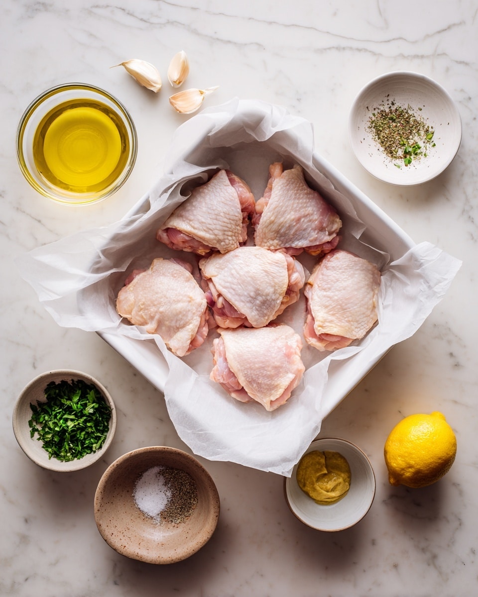 The image shows a white rectangular baking dish lined with white parchment paper holding six raw pink chicken thighs arranged in two rows, with some chicken pieces slightly overlapping. Around the dish on a white marbled surface are scattered ingredients: a small clear glass bowl with golden olive oil at the top left, two cloves of garlic next to it, a small white bowl with chopped green herbs below, a small brown bowl with a light beige powder above, a round white bowl with white salt and black pepper mixed inside below that, a small brown bowl with yellow mustard to the right, and a fresh whole yellow lemon at the bottom right. The scene is lit softly and shot from above, photo taken with an iphone --ar 4:5 --v 7