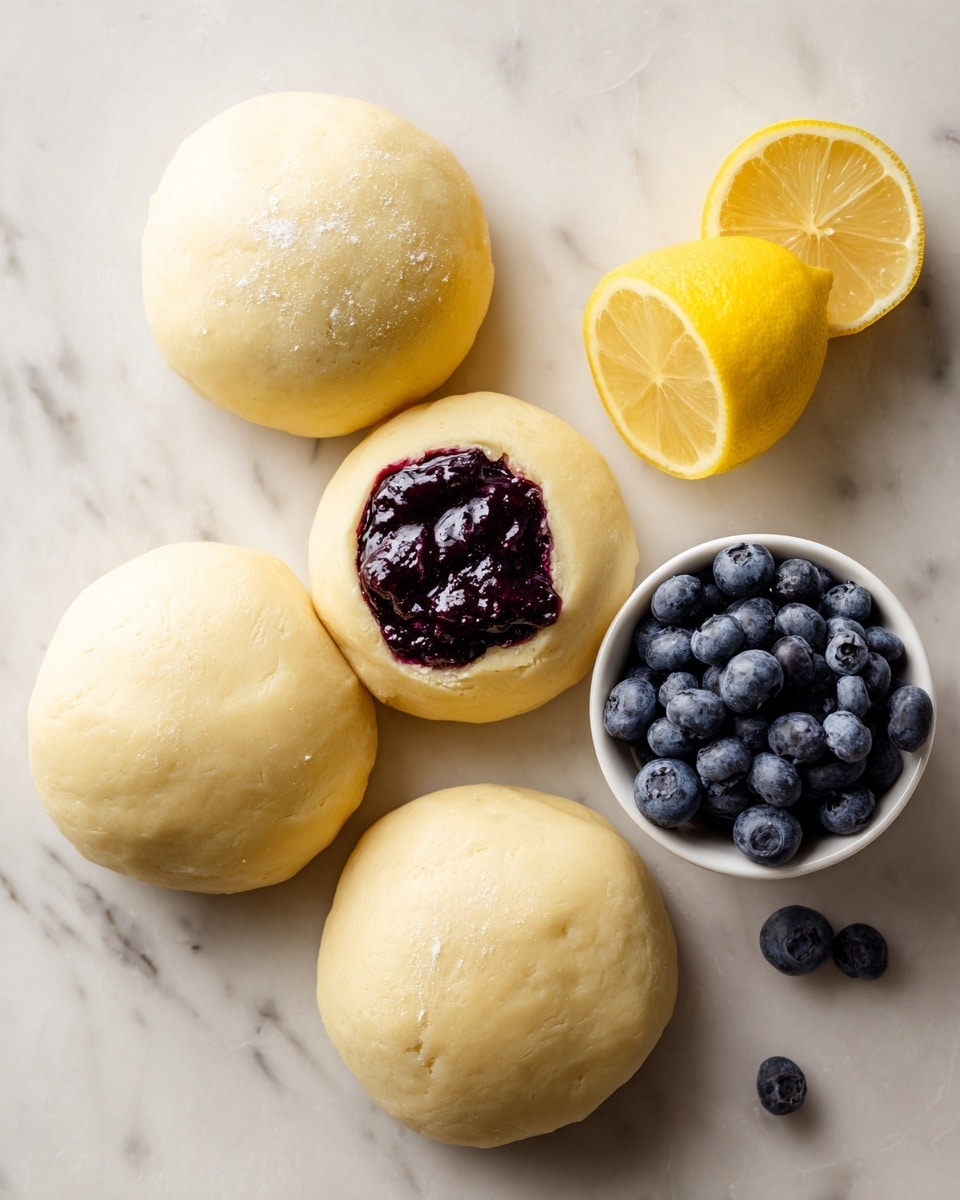 The image shows a white marbled surface with four pieces of dough. Three dough pieces are plain, round, and smooth, arranged on the left side. One dough ball in the center has a hollow filled with dark purple jam. To the right, there is a half lemon and a small white bowl filled with fresh blueberries. The dough looks soft and light yellow. Photo taken with an iphone --ar 4:5 --v 7