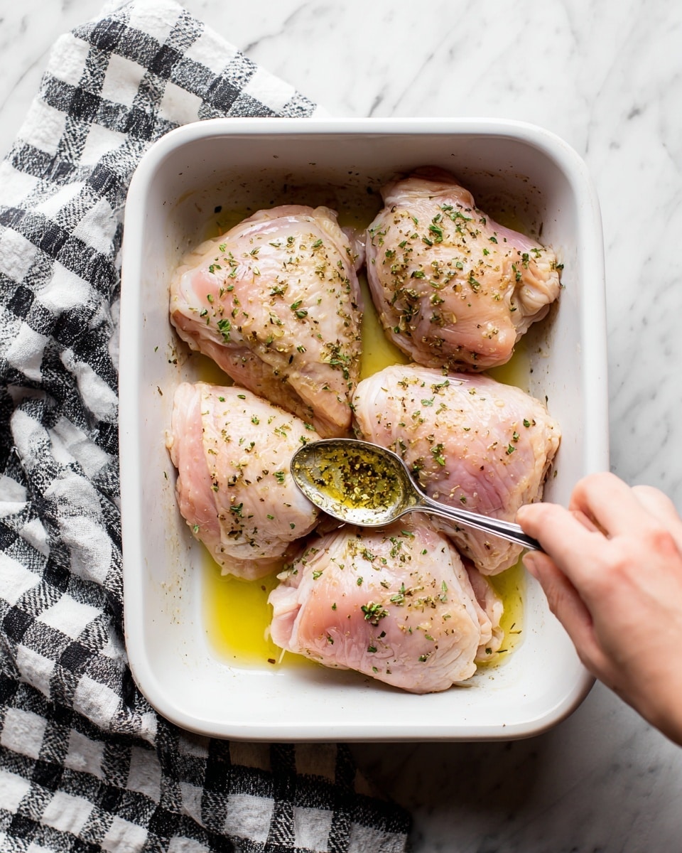 The image shows four raw chicken thighs in a white roasting pan. The chicken thighs are light pink with a smooth, slightly shiny surface, and are sprinkled with small green herbs. A woman's hand is spooning a yellowish oil mixture over the chicken, adding shine and moisture. The roasting pan sits on a white marbled surface, and a black-and-white checkered cloth is folded near it. The photo taken with an iphone --ar 4:5 --v 7