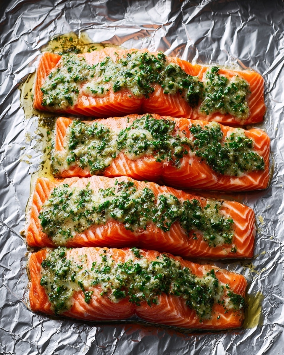 Four raw salmon fillets lie in a row on a sheet of silver foil that covers the entire surface. Each fillet has a thick layer of pale green sauce with visible green herbs spread evenly over its top side, partially dripping down the sides. The salmon flesh is bright orange and smooth with clear stripes of lighter fat. The foil underneath has a reflective, crinkled texture that catches light unevenly. photo taken with an iphone --ar 4:5 --v 7