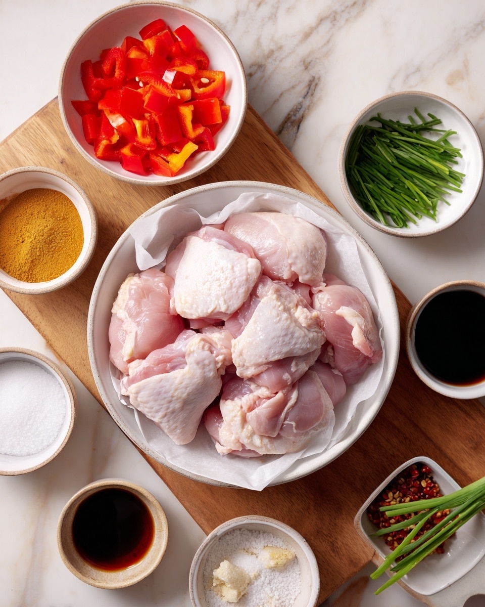 The image shows a white bowl filled with raw pink chicken thighs placed on white paper in the center of a light wooden board. Around the bowl, there are small white bowls and containers with colorful ingredients: bright red sliced peppers on the top left, fresh green chives on the top right, and dark soy sauce below the red peppers. Other small bowls contain white sugar, light brown powder, minced garlic, dark brown sauce, and a small amount of liquid ingredients arranged neatly at the bottom and sides. The background is a white marbled surface. photo taken with an iphone --ar 4:5 --v 7