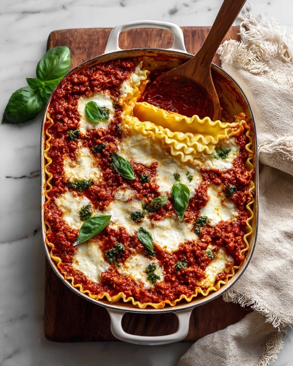A round white pan filled with layered lasagna pieces in a rich red tomato sauce, topped with melted light golden cheese and scattered pieces of fresh green basil. The lasagna noodles are wide with ruffled edges and partly covered in sauce and cheese, showing a mix of orange pasta and creamy whites under the cheese layer. The pan sits on a dark wooden board on a white marbled surface, with a wooden spoon resting inside the pan on the left side. A small white bowl with green herbs is partially visible in the top left corner. Photo taken with an iphone --ar 4:5 --v 7