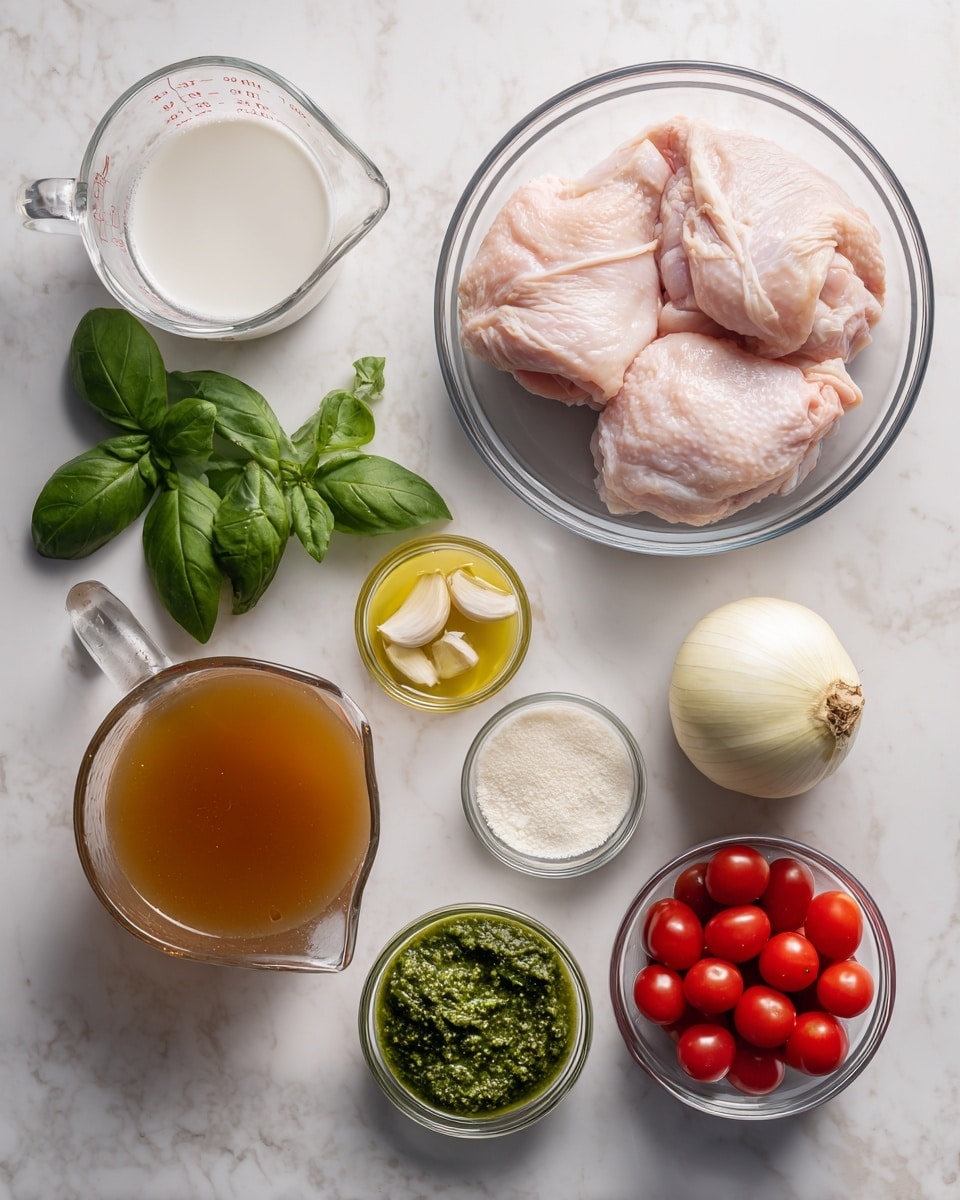 The image shows a white marbled surface with nine small clear glass bowls and one large clear glass bowl neatly arranged. The large bowl in the top right contains two raw light pink chicken pieces. Surrounding it, starting from the top left, there is a clear measuring cup with white liquid, a small bowl with three garlic cloves, a small bowl with fresh green basil leaves, a small bowl with a light yellow liquid, a small bowl with white powder, a small bowl with bright red cherry tomatoes, a small bowl with green pesto sauce, a white whole onion placed directly on the surface, and a large clear measuring cup filled with brownish broth near the bottom left. photo taken with an iphone --ar 4:5 --v 7