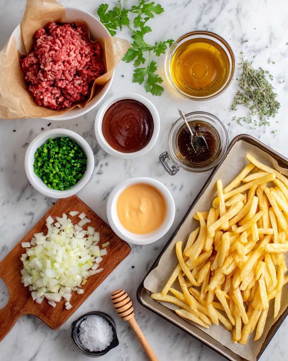 A top-down view of various ingredients arranged neatly on a white marbled surface. In the center left, there is a white bowl lined with brown parchment paper holding raw ground meat. To its right, a small round glass bowl with brown sauce, a white bowl with a dark red sauce, and a small white bowl with a light yellow sauce are placed side by side. Below these bowls, a wooden cutting board contains chopped white onions, green chives, and minced garlic in separate sections. Below the board, a white bowl with a pale orange sauce is visible. On the right side of the image, a large baking sheet filled with light golden French fries is visible. At the bottom right, small black and white measuring spoons with salt and pepper and a sprig of cilantro rest on the surface. A small jar of honey with a wooden honey dipper is also seen near the top center. The overall setup is clean with all items spaced evenly, photo taken with an iphone --ar 4:5 --v 7
