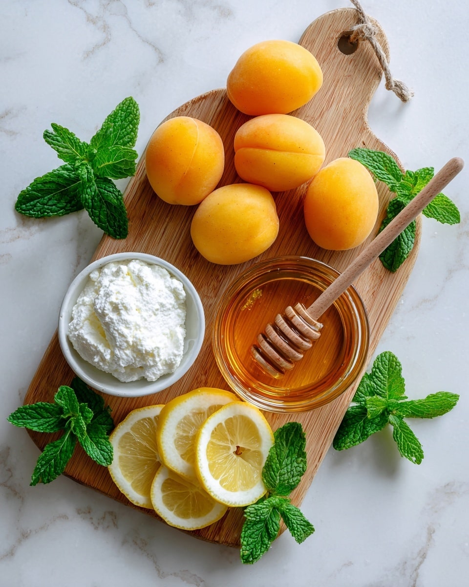The image shows a wooden board on a white marbled surface with four bright yellow apricots placed in a cluster at the top left. To the right, there is a clear glass cup filled with honey and a wooden honey dipper resting inside. Below the apricots and next to the honey, slices of lemon are spread in a small stack with one slice standing on its edge. Fresh green mint leaves are scattered around the board, adding color and texture. In the bottom left corner, a woman's hand holds a small round white container filled with soft white cheese, its texture slightly crumbly. The overall look is fresh and natural with warm and cool colors balanced well. photo taken with an iphone --ar 4:5 --v 7