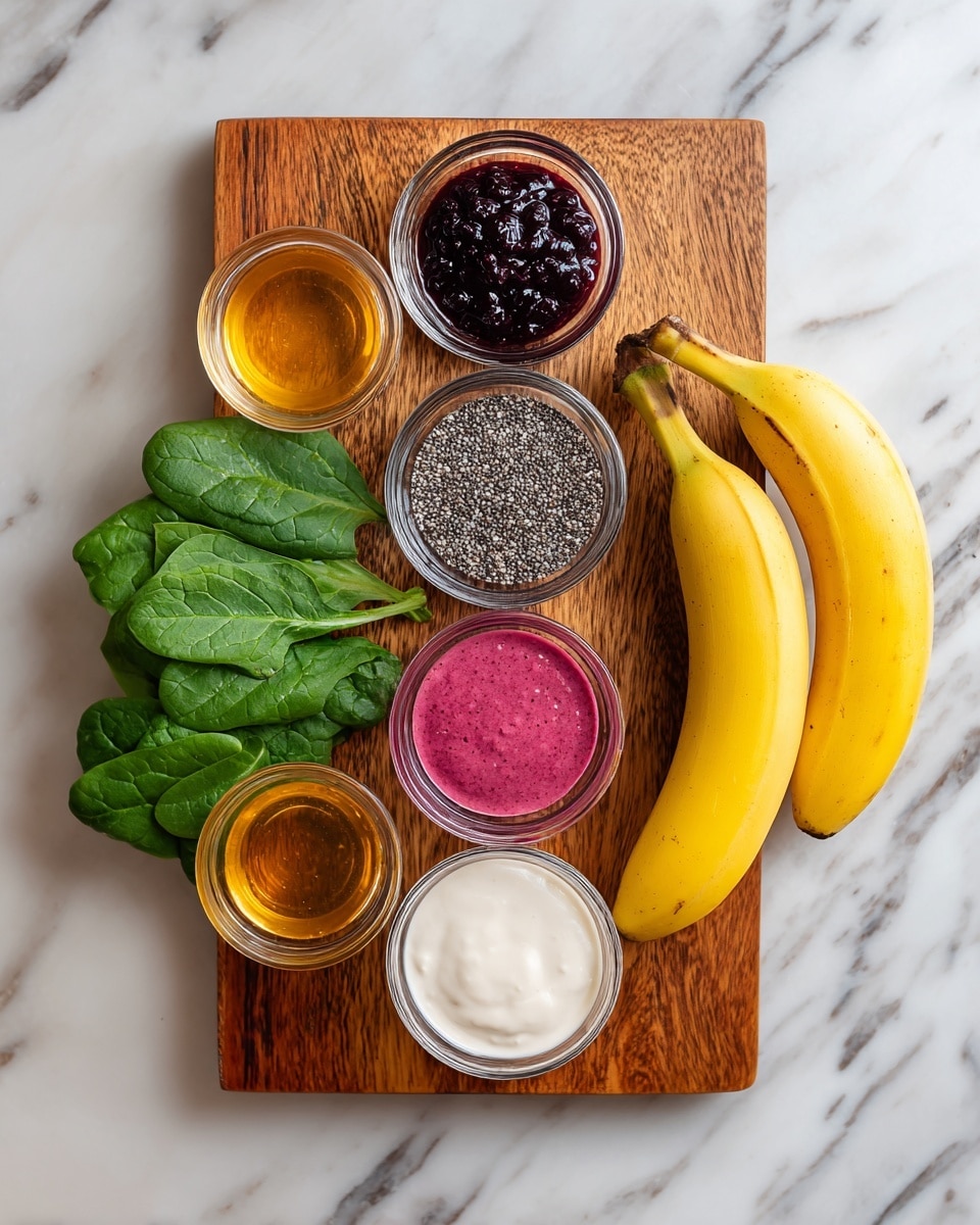 A wooden board is set on a white marbled surface, holding six small clear bowls and two bananas. From left to right, the first bowl is filled with light golden honey, the second with dark purple blueberries, the third with a dark red liquid, the fourth with small white and black chia seeds, the fifth with pink berry jam, and the sixth with white yogurt. Fresh green spinach leaves are placed in the center of the board partially covering the bowls. Two bright yellow bananas rest horizontally on the far right of the board. photo taken with an iphone --ar 4:5 --v 7