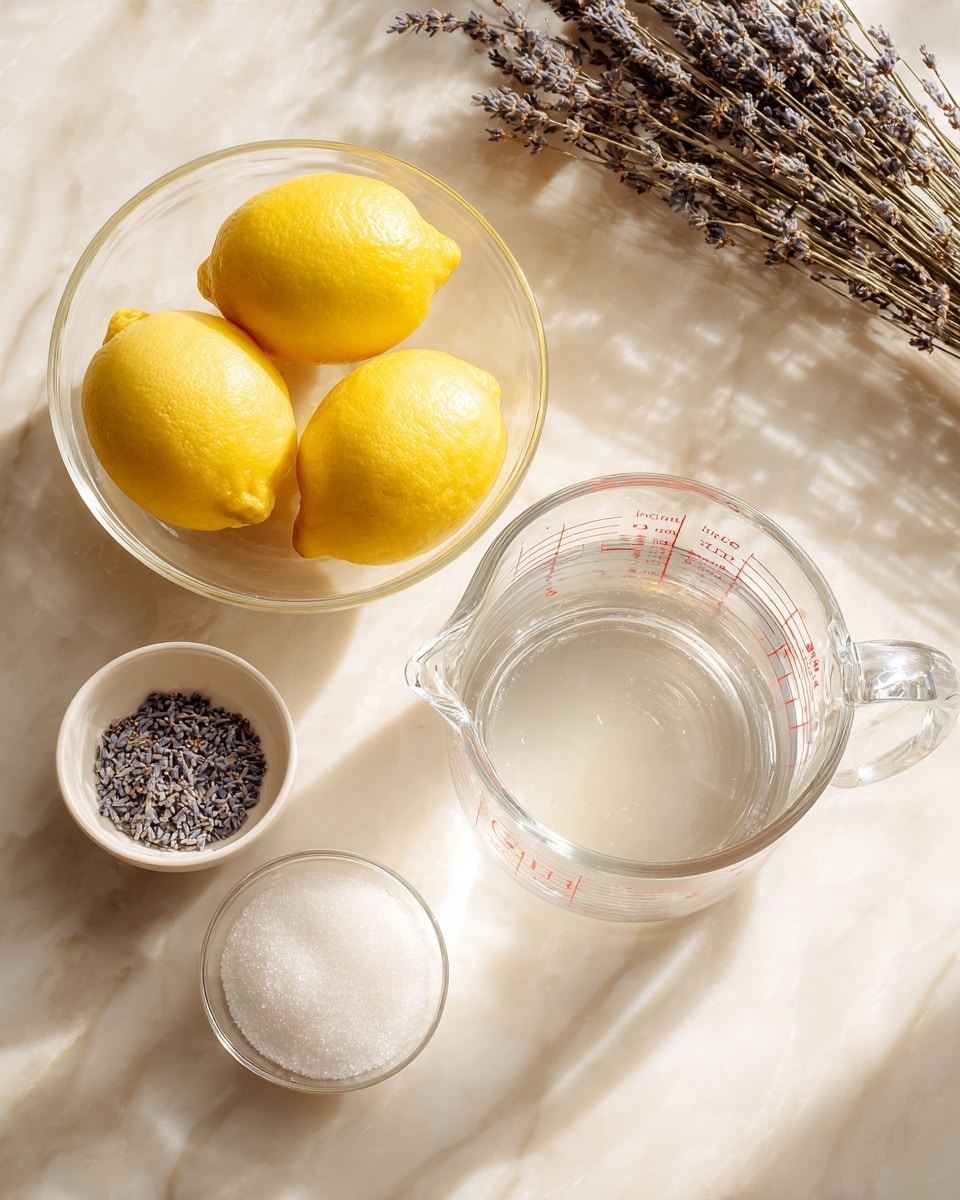 The image shows a white marbled surface with five bright yellow lemons placed inside a clear glass bowl on the upper left side. To the right of the bowl, there is a large clear glass measuring cup filled with water, featuring red measuring marks. Below the large measuring cup, a smaller clear glass measuring cup with similar red markings also contains water. On the lower left side, there is a small white bowl filled with dry lavender buds, and next to it is a medium-sized white bowl filled with white granulated sugar. In the top right corner, there are dried lavender stems partially shown, adding a natural touch to the setup. The overall scene is bright and clean, with soft natural lighting, photo taken with an iphone --ar 4:5 --v 7