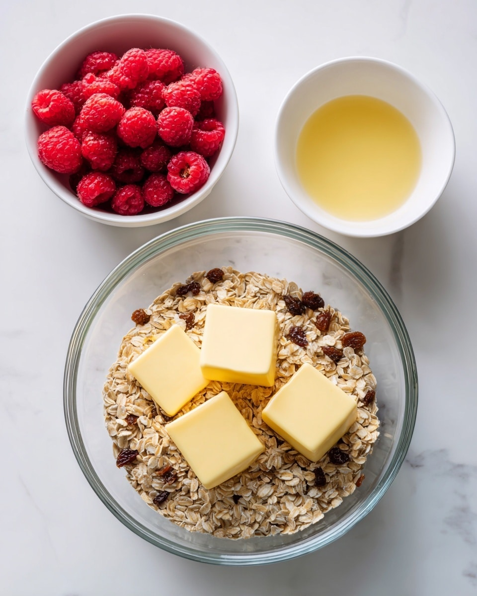 A clear glass bowl filled with a mix of oats and raisins is shown on a white marbled surface. On top of the oat mixture, there are four evenly spaced square pieces of butter, each with a smooth yellow texture. To the top left, a white bowl filled with bright red raspberries sits, and to the top right, there is a small white bowl holding a light yellow liquid. The scene is bright and clean, focusing on the natural colors and textures of the ingredients. Photo taken with an iphone --ar 4:5 --v 7