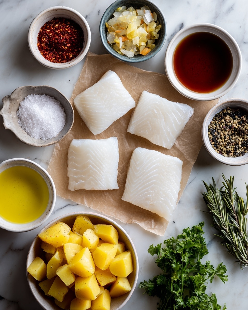 A white plate with blue rings holds a large piece of raw white fish fillet in the center. Around the fillet are four small bowls: an orange bowl with black pepper, a red bowl with salt, a yellow bowl with red paprika powder, and a light blue bowl with a small amount of yellow spice. A small glass bowl with clear oil is also on the plate. The surface under the plate is a white marbled texture. Photo taken with an iphone --ar 4:5 --v 7