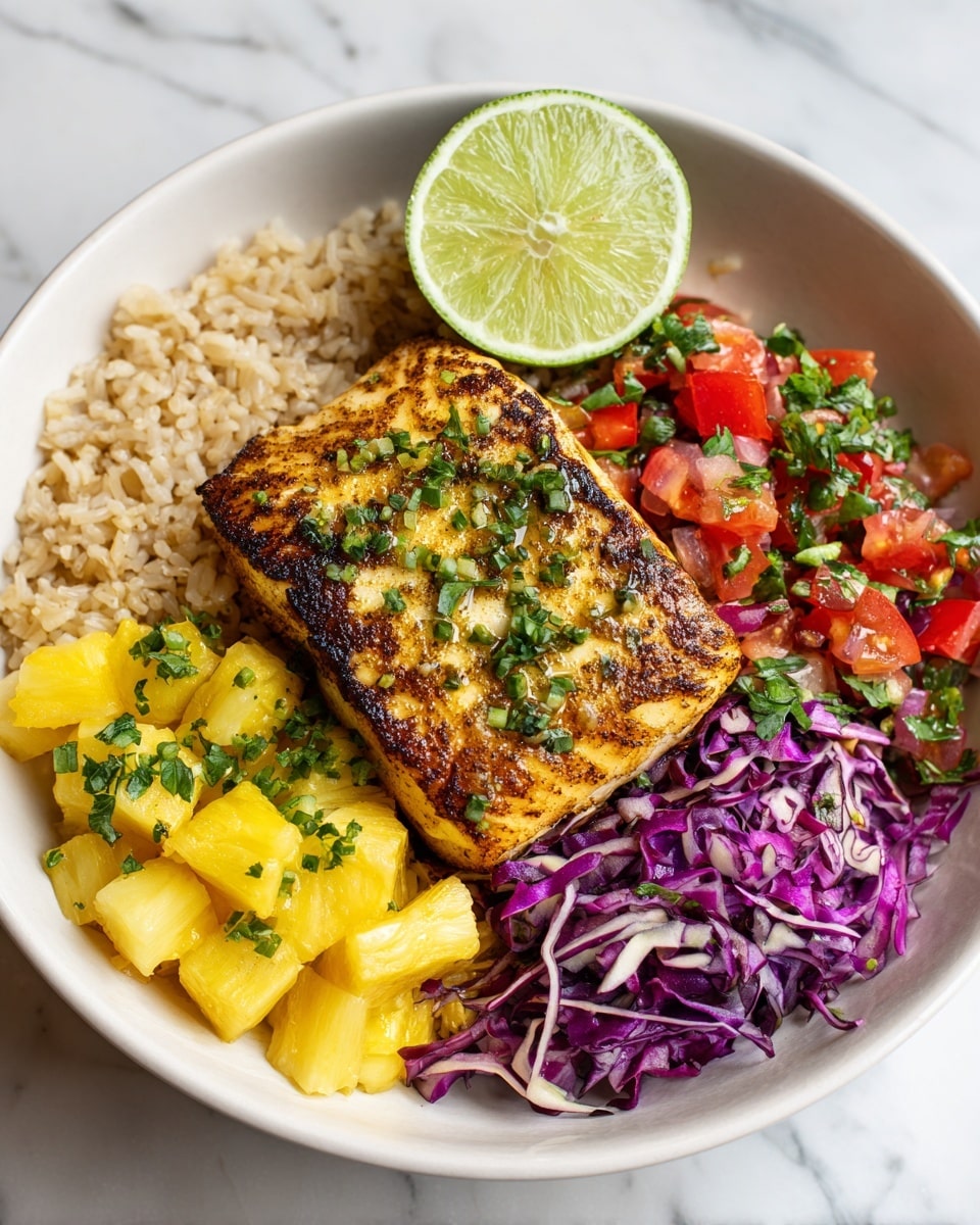A white bowl holds a bed of white rice as the base layer, topped with a golden brown grilled fish fillet that has crispy edges and light grill marks. Surrounding the fish are chunks of bright yellow pineapple mixed with green herbs and small pieces of red tomato. On one side, there is a colorful slaw made of shredded purple cabbage, diced red tomatoes, and chopped green cilantro. A halved lime, showing its light green juicy inside, is placed near the top center of the bowl. The bowl sits on a white marbled surface. Photo taken with an iphone --ar 4:5 --v 7