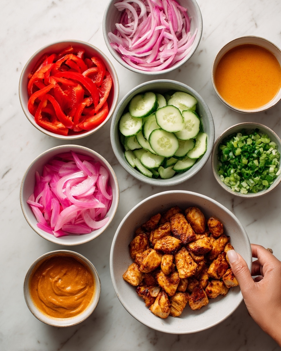 The image shows seven white bowls arranged on a white marbled surface. The largest bowl at the bottom right contains golden-brown grilled chicken pieces with a slightly crispy texture. To its left is a bowl filled with bright red chopped tomatoes. Above that is a bowl with bright red sliced bell peppers. Next to it on the top left is a bowl with pink pickled onions. In the center is a bowl with thinly sliced cucumber rounds, light green with a fresh texture. To the right of this bowl is a bowl filled with a smooth, orange sauce. The last bowl at the top right holds finely chopped green onions. A woman's hand is reaching toward the bowls. Photo taken with an iphone --ar 4:5 --v 7
