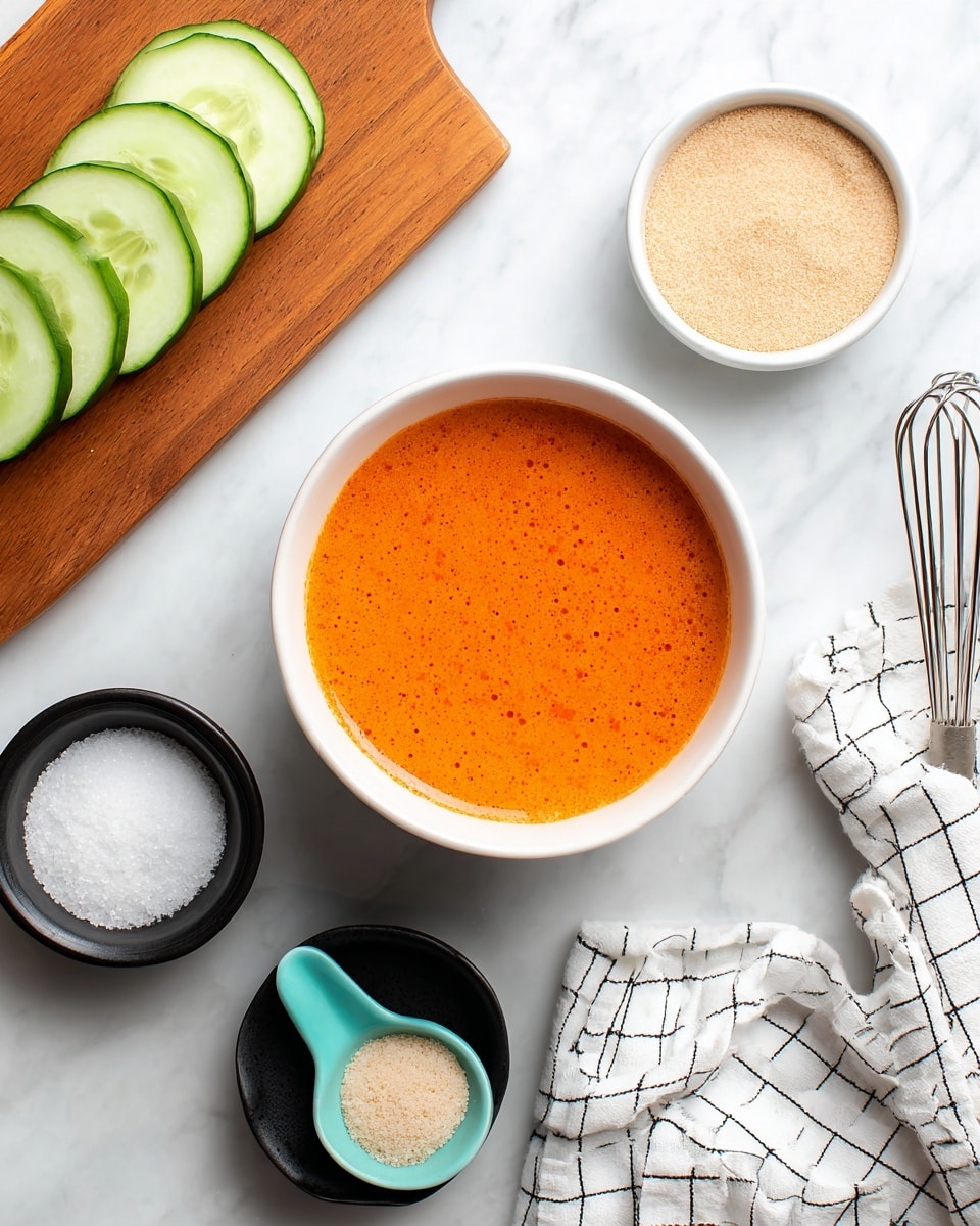 A white bowl filled with a bright orange sauce sits near the center on a white marbled surface. To the upper left, there is a wooden board with several thin slices of light green cucumber neatly arranged. Below the bowl are two small black bowls; the left one has white granulated sugar with a turquoise spoon resting on it, and the right one is filled with a pale, sandy-colored powder. To the upper right of the bowl is a metal whisk lying on a white cloth with a black grid pattern, casually folded. A woman's hand with light skin gently holds the edge of the wooden board at the top left corner. Photo taken with an iphone --ar 4:5 --v 7