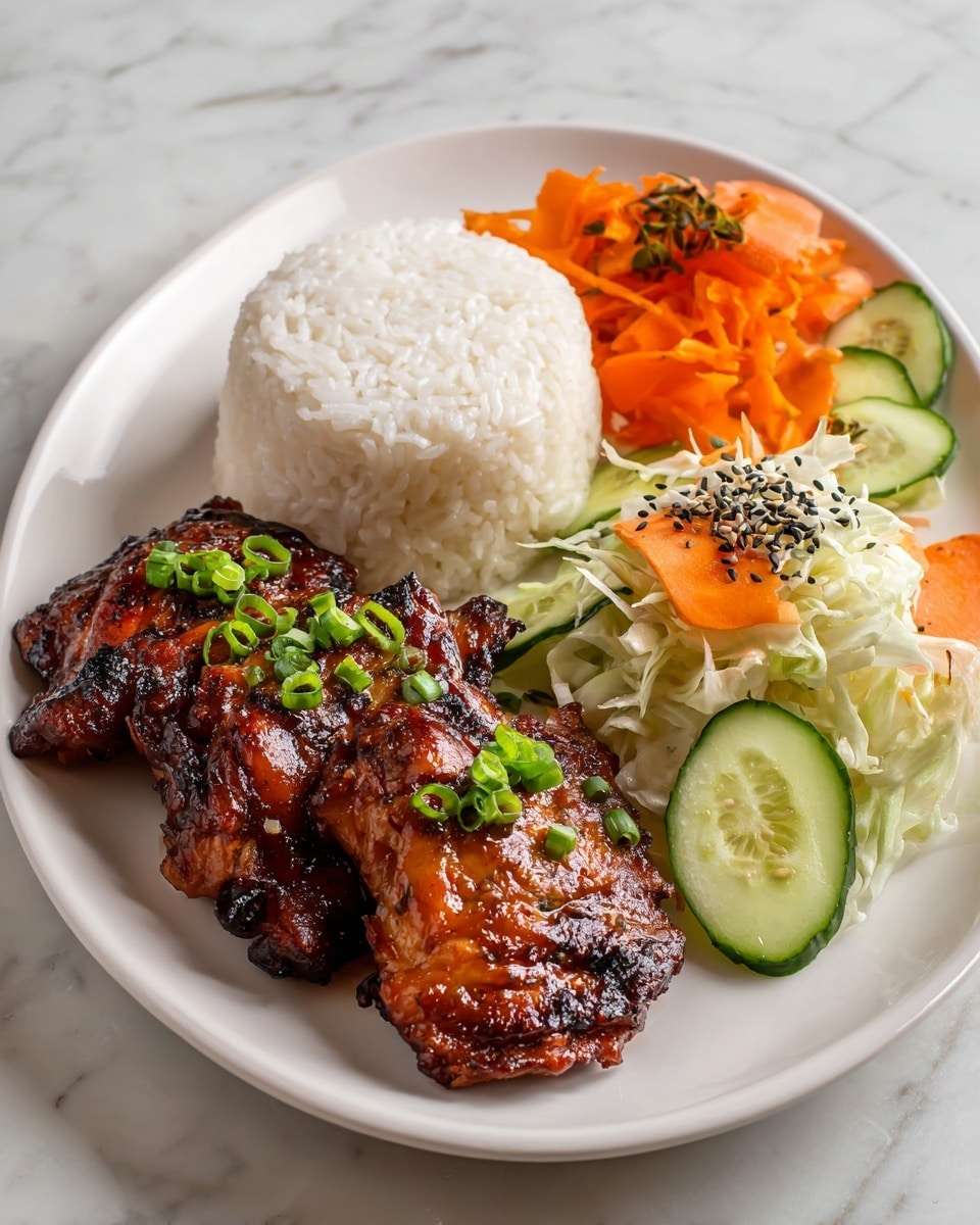 A white plate with three main parts: on the left, two grilled chicken pieces with a dark brown, slightly charred glaze topped with small green sliced peppers; in the center, a neat dome-shaped mound of plain white rice with a soft, fluffy texture; on the right, a fresh salad made of shredded light green cabbage mixed with circular pale green cucumber slices, thin yellow and orange bell pepper strips, and sprinkled with black sesame seeds. The plate sits on a dark rustic surface with a beige cloth nearby. photo taken with an iphone --ar 4:5 --v 7