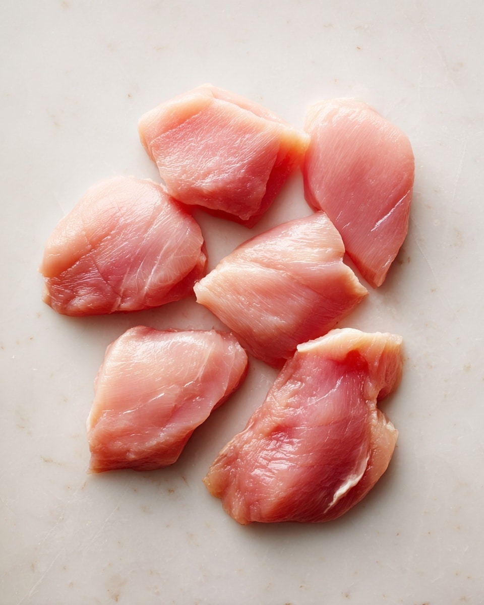 The image shows six pieces of raw light pink chicken meat arranged closely together on a flat white surface with a smooth texture. The chicken pieces have a slightly shiny and moist look, with subtle natural lines and gentle curves visible on the surface of each piece. The white marbled texture beneath adds a clean and simple background that highlights the light pink color of the chicken. The pieces are spread out evenly and fill most of the frame. photo taken with an iphone --ar 4:5 --v 7