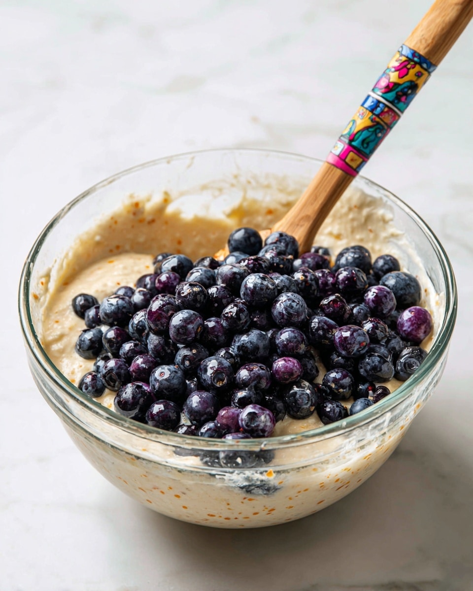 A clear glass bowl sits on a white marbled surface, filled with a light creamy batter that has small orange specks throughout it. On top of the batter is a large pile of fresh, round, dark blueberries. A spatula with a wooden handle and a colorful patterned head is resting inside the bowl, partly dipped into the batter and blueberries. The scene is bright and clean, showing the mixing process of the ingredients. Photo taken with an iphone --ar 4:5 --v 7
