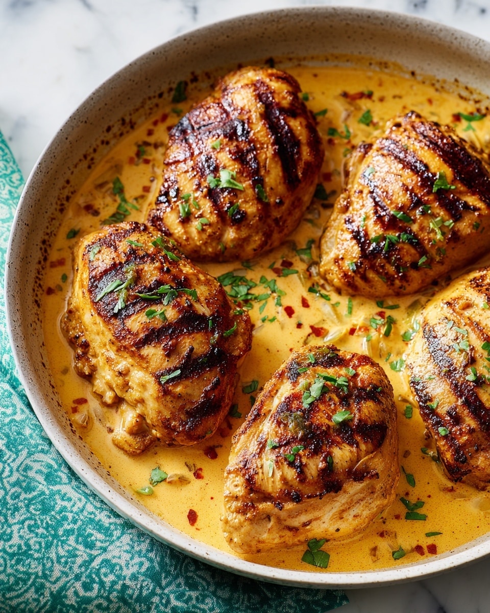 The image shows a close-up of four golden brown grilled chicken pieces arranged closely in a round pan. The chicken has grill marks and a slight char on top, with a light sprinkling of green herbs on each piece. Below the chicken is a creamy, light orange sauce with small diced onions and red pepper flakes visible. The pan rests on a white marbled surface with a turquoise-patterned cloth nearby. The lighting highlights the texture of the chicken and the creamy sauce, making the dish look warm and inviting. photo taken with an iphone --ar 4:5 --v 7