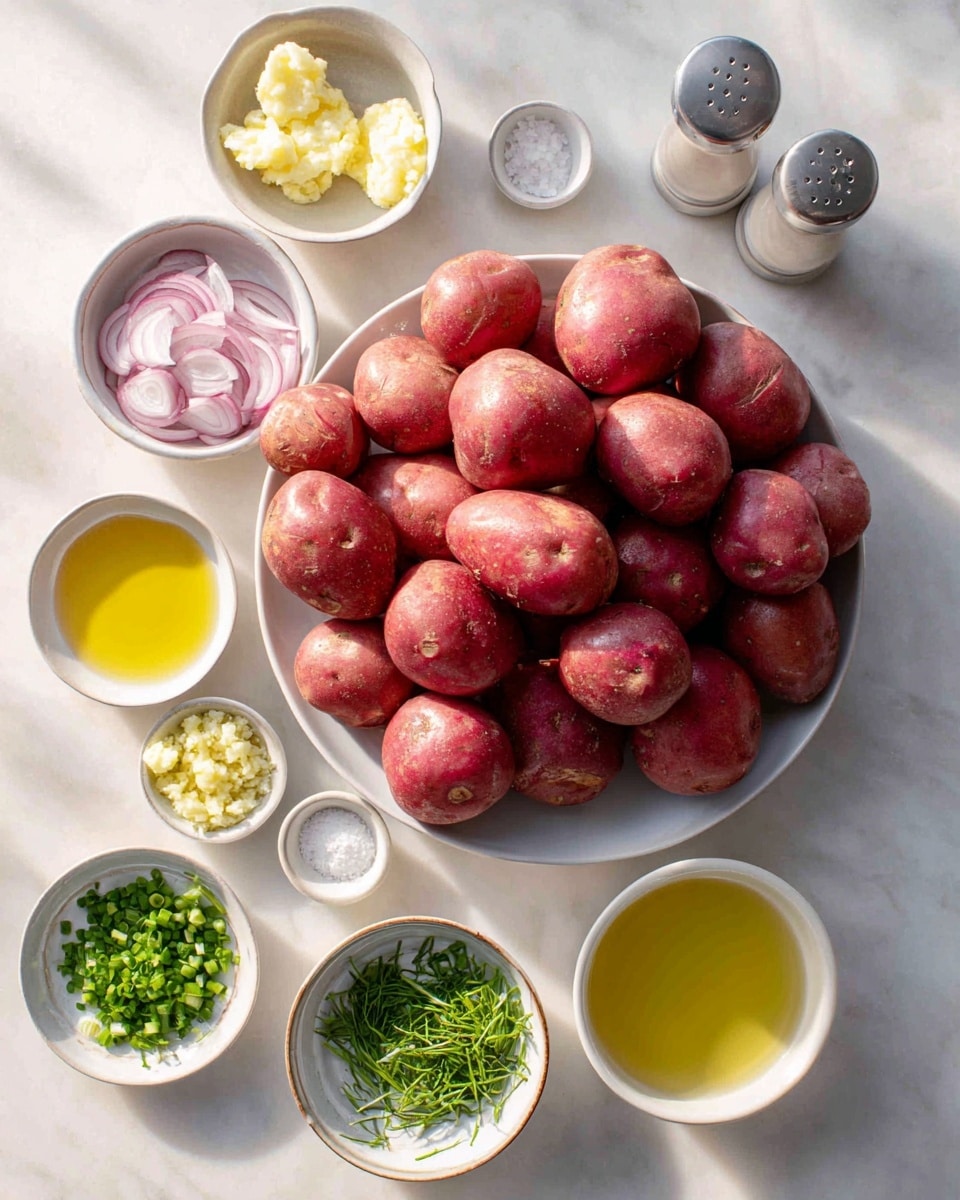 The image shows a white marbled surface with a large pile of red potatoes stacked in the center. Surrounding the potatoes are small white bowls filled with various ingredients: thin slices of pale pink onions soaking in liquid, light yellow mustard, chopped green herbs, minced garlic, green chopped chives, a clear bowl of yellow oil, and a bowl of white creamy liquid. Two small silver salt and pepper shakers are also placed near the top center. The lighting is soft and natural, highlighting the fresh and clean look of all the ingredients. Photo taken with an iphone --ar 4:5 --v 7