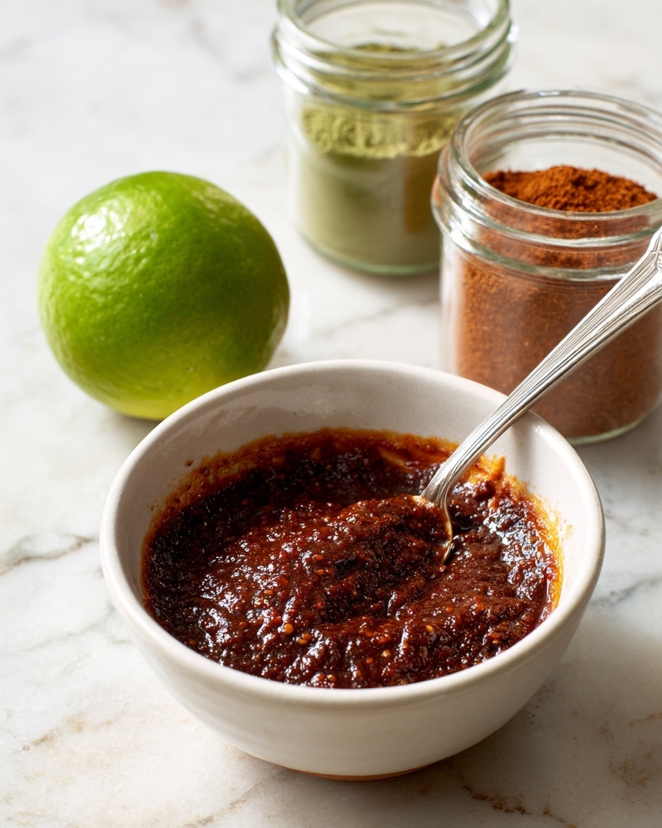 A small white bowl filled with a thick, dark reddish-brown sauce with a slightly chunky texture is placed on a white marbled surface. A metal spoon rests inside the bowl, partially covered in sauce. To the left of the bowl is a whole green lime, smooth and round. Behind the bowl are two clear glass jars with silver lids, one holding a greenish powder and the other a reddish-brown powder or spice. The overall scene has soft natural light. Photo taken with an iphone --ar 4:5 --v 7