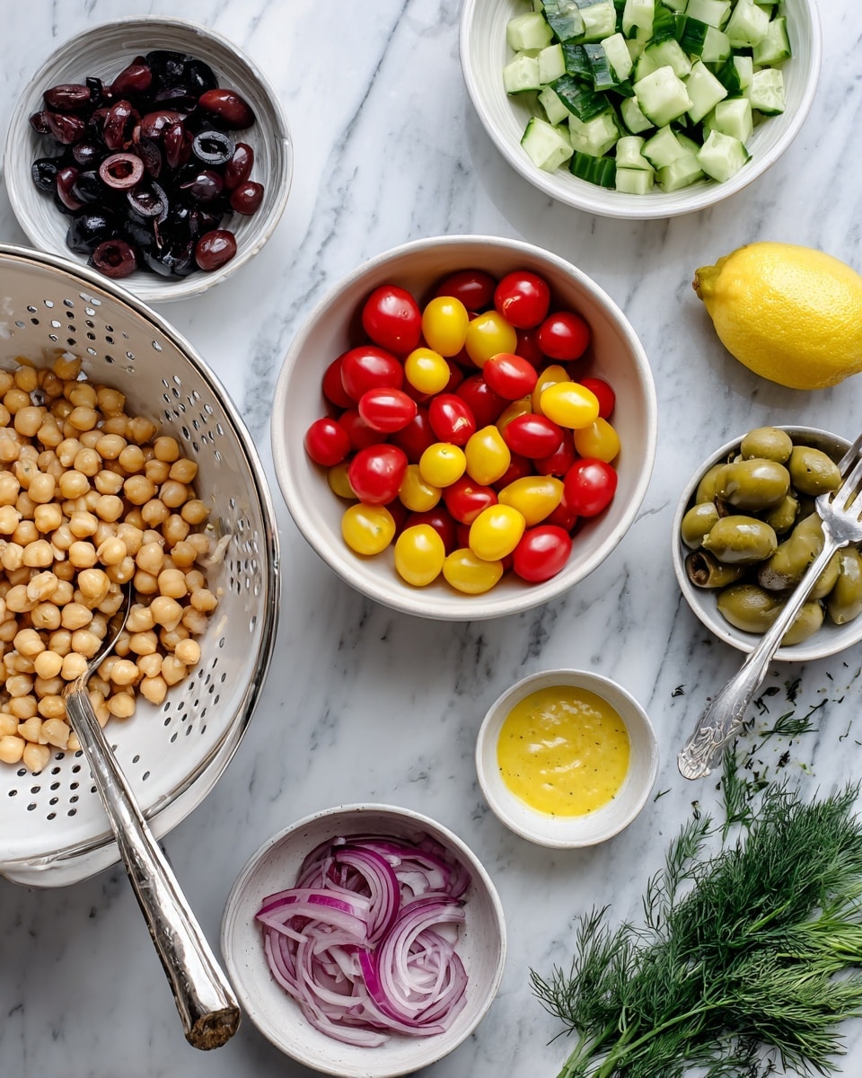 This image shows several white bowls and a colander on a white marbled surface. The colander, which is above the center, holds red and yellow cherry tomatoes. To the bottom left, a large white bowl is filled with chickpeas with a spoon inside. Near the colander on the right is a white bowl with diced cucumber and some cherry tomatoes inside. Above this bowl, there is a small white bowl filled with black olives cut into slices. Below the olives, a small round bowl holds pickled red onion slices with a fork. A small bowl of yellow mustard sauce sits near the center. Fresh green dill and a whole lemon rest at the bottom right corner. A woman's hand is not seen in this image. Photo taken with an iphone --ar 4:5 --v 7