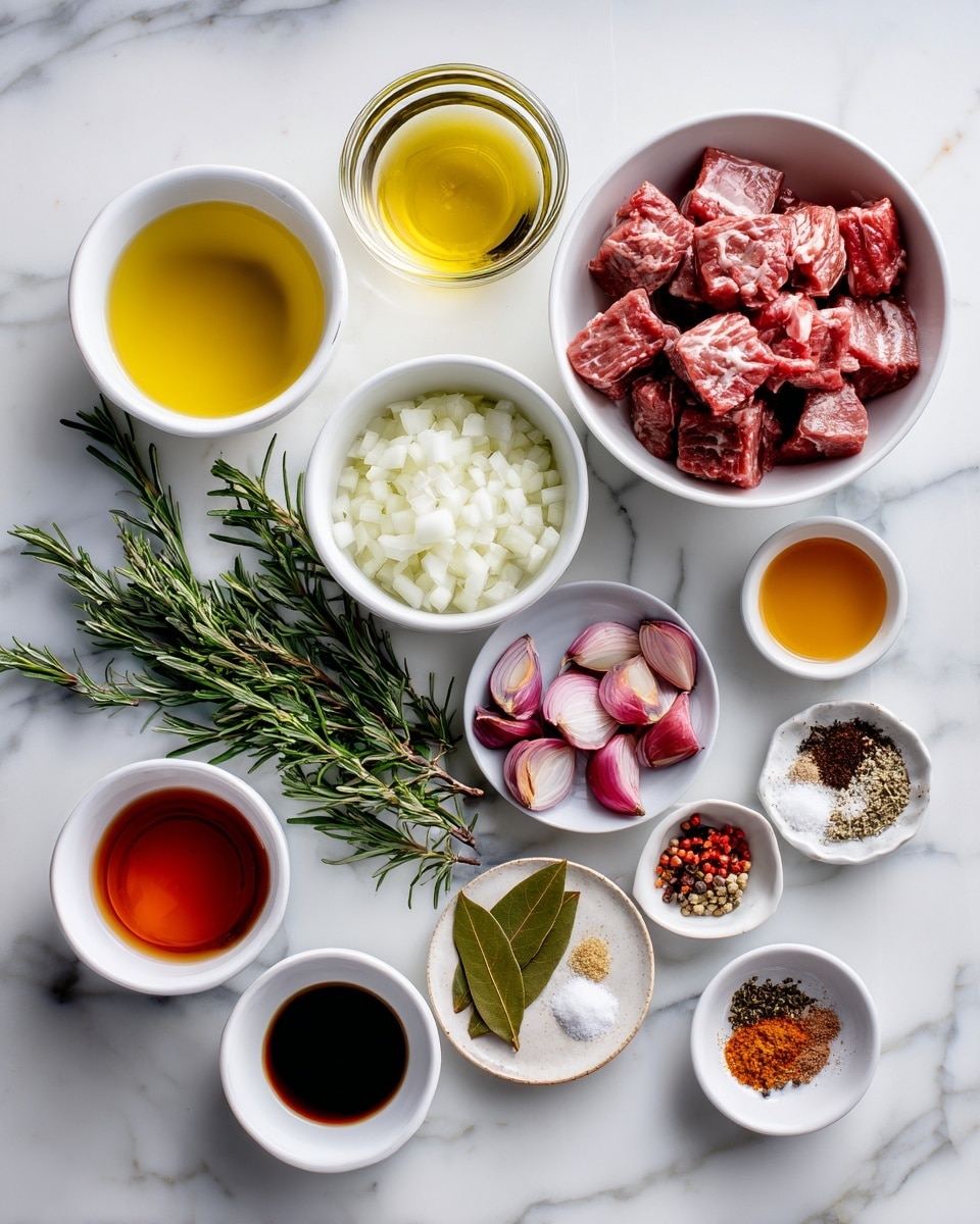 A flat lay of various cooking ingredients arranged neatly on a white marbled surface. Starting from the top left, there are two small white bowls filled with yellow oil, next to a clear glass bowl with a clear liquid. In the center, a white bowl contains chopped white onions. To the right, a large white bowl holds raw, red meat cubes with visible marbling. Below the meat, two small white bowls contain a reddish-pink liquid and a dark brown liquid. On the bottom left, a white bowl is filled with small red onions. Moving upward and centered near the middle are fresh sprigs of green rosemary next to a small round plate with two bay leaves and various brown spices. Other small dishes hold salt, black pepper, minced garlic, and a red paste. The lighting is bright and natural, showing clear textures and colors. Photo taken with an iphone --ar 4:5 --v 7