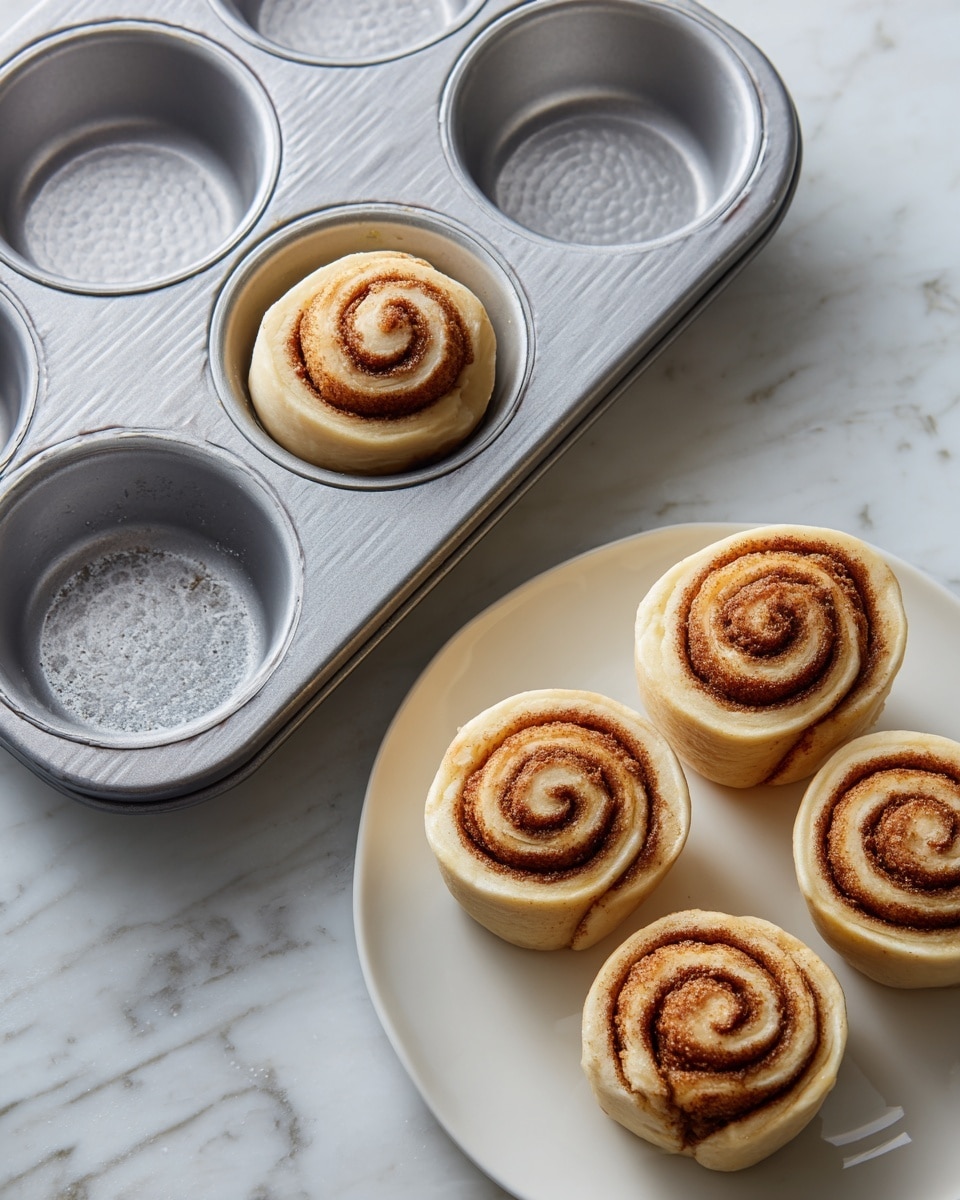 The image shows a metal muffin tray with one cinnamon roll placed inside the top left cup, while the other cups are empty. Beside the tray, there is a white plate with four uncooked cinnamon rolls, each with a light beige dough spiraled with a darker brown cinnamon filling. The background and surface are a white marbled texture. photo taken with an iphone --ar 4:5 --v 7