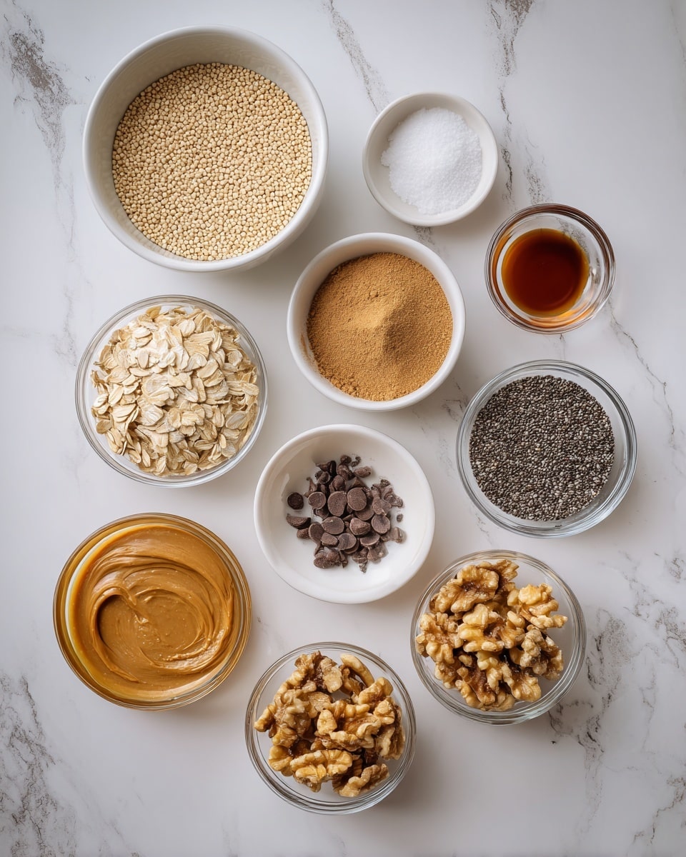 The image shows eleven small bowls and dishes arranged on a white marbled surface. Starting from the top left, there is a large white bowl filled with light beige quinoa seeds. To the right is a tiny white dish with a dark brown liquid, followed by a small clear glass bowl with white salt. Below these, there is a white bowl full of light beige rolled oats, and near it, a small clear glass bowl containing a warm brown powder, likely cinnamon. Moving right, there is a bigger clear glass bowl with black chia seeds on top, and next to it another clear bowl with light brown flax seeds. Below is a small clear bowl filled with chopped walnuts in warm brown tones. To the left of these, near the bottom center, there is a white bowl with amber-colored honey. At bottom left, a clear bowl has creamy brown peanut butter, and positioned above it is a small clear glass bowl holding dark brown chocolate chips. The arrangement is neatly spaced and well lit, showing clear textures and colors of all the ingredients. Photo taken with an iphone --ar 4:5 --v 7