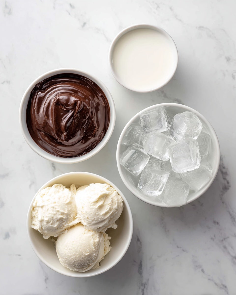 The image shows four white bowls placed on a white marbled surface. The top left small bowl holds a thick, dark brown chocolate sauce with a smooth texture. Next to it on the top right is a medium bowl filled with white milk, looking fresh and creamy. Below these, on the bottom left, there is a small white bowl piled with three scoops of vanilla ice cream, creamy and slightly melting. To the right, a larger white bowl is filled with clear ice cubes that look cold and glossy. Photo taken with an iphone --ar 4:5 --v 7