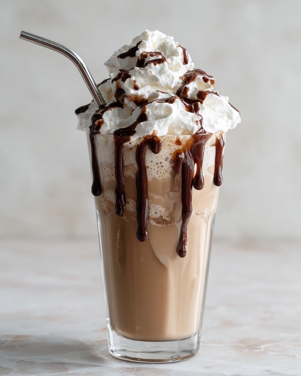 A tall clear glass filled with a light brown chocolate drink that almost fills the glass, topped with a thick white whipped cream layer overflowing on top. The whipped cream is drizzled with brown chocolate sauce that runs down the side of the glass in thick lines. A metal straw is inserted into the glass on the right side, resting on the whipped cream. The glass is sitting on a white marbled surface, with some of the chocolate drink spilled slightly around the base. photo taken with an iphone --ar 4:5 --v 7