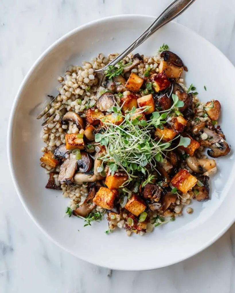 Mushrooms and Wheatberries Stir-Fry with Tofu and Microgreens Recipe