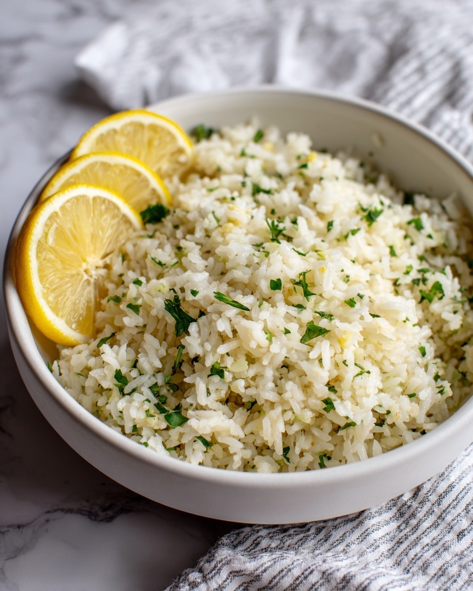 A white bowl filled with cooked white rice mixed with small bits of garlic and green herbs, giving it light specks of brown and green throughout. On one side of the bowl, there are three lemon wedges with a pale yellow color, resting on top of the rice. The bowl sits on a white marbled surface with a white and gray striped cloth in the background. Small bits of green herbs are scattered around the bowl. Photo taken with an iphone --ar 4:5 --v 7
