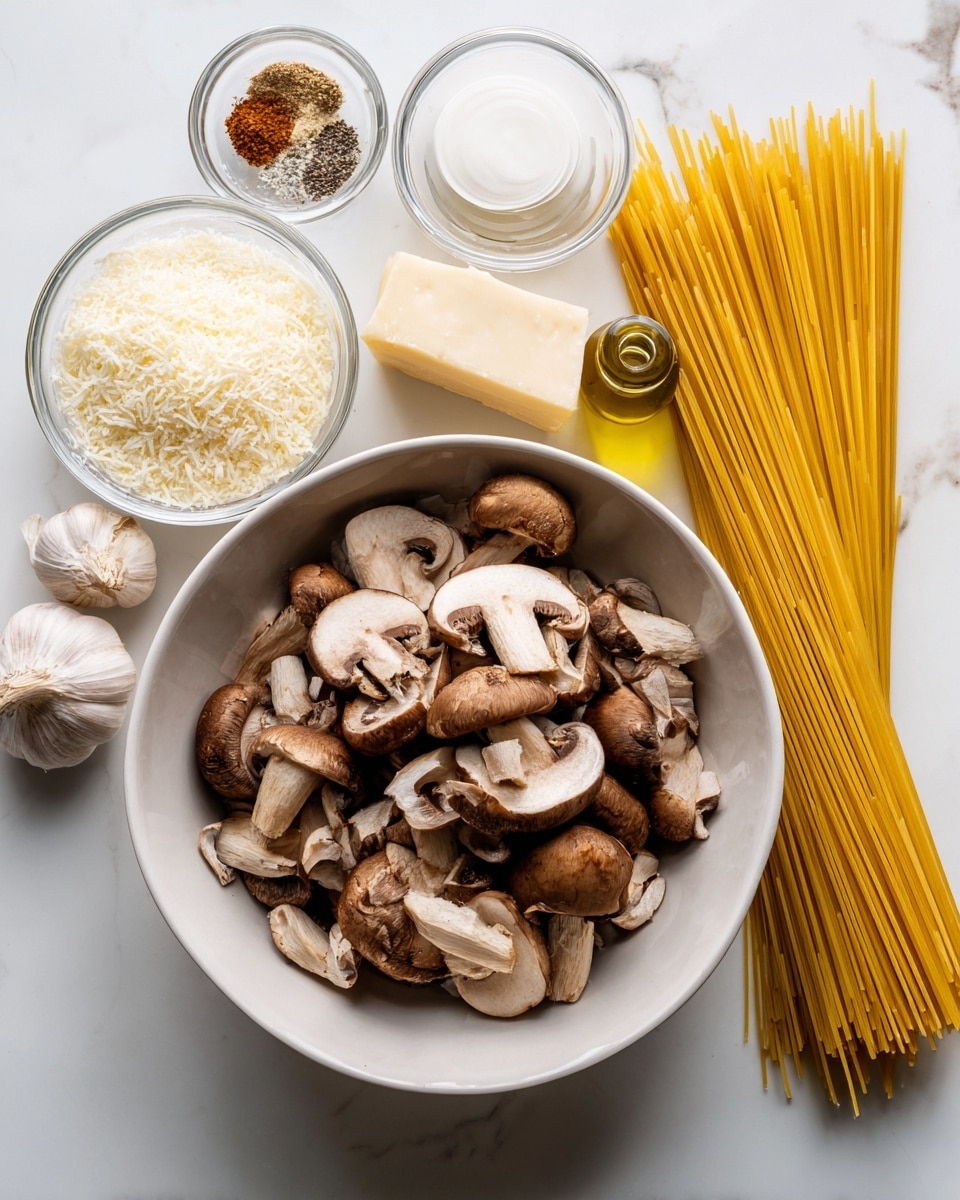 The image shows a white bowl filled with sliced brown mushrooms placed at the center on a white marbled surface. Surrounding the bowl are small clear glass bowls containing grated cheese, flour, milk, and various spices, along with three garlic cloves and a small bottle of olive oil. To the right side, there is a bundle of uncooked yellow spaghetti standing upright. The overall look is clean and organized, focusing on fresh ingredients for cooking photo taken with an iphone --ar 4:5 --v 7