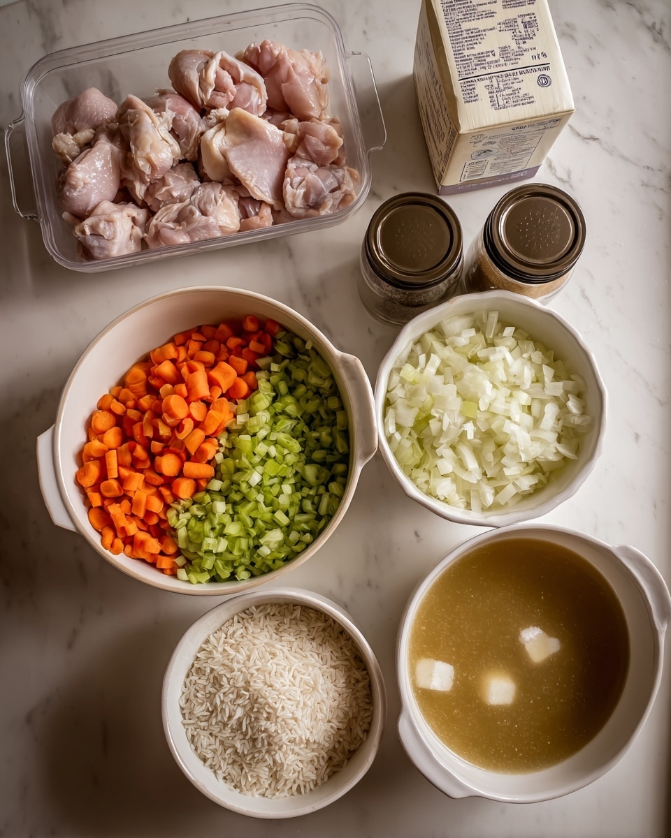 The image shows ingredients for a chicken dish placed on a white marbled surface. There is raw chicken in a clear plastic tray at the top left. To the right are two spice jars with dark lids. Below them is a carton of light cream. In the center are two white bowls: the larger bowl contains three layers of chopped vegetables—orange carrots on the left, green celery in the middle, and white onions on the right—while the smaller bowl holds uncooked white rice. In the bottom right corner, a white bowl holds light brown broth with a few white pieces floating on top. photo taken with an iphone --ar 4:5 --v 7