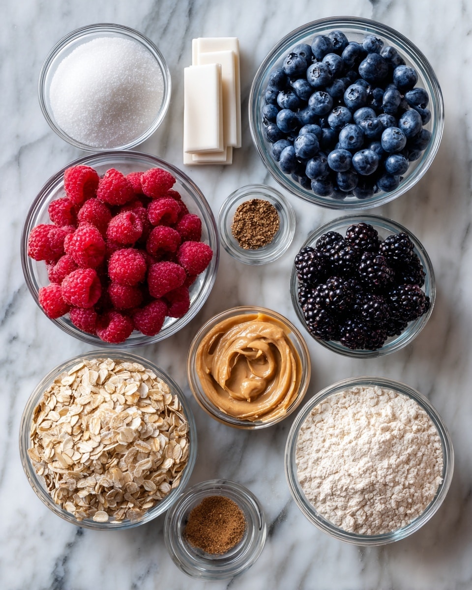 The image shows several clear glass bowls and small dishes arranged on a white marbled surface. Starting from the top left, there is a small bowl with white granulated sugar next to three rectangular white sugar packets. To the right, a bowl filled with fresh blueberries has a soft, round blue texture. Below that, a bowl full of bright red raspberries with a bumpy texture. To the bottom left of the raspberries is a bowl of light beige rolled oats with a rough texture. Next to the oats, there is a small bowl containing creamy peanut butter with a smooth texture. Below the peanut butter is a bowl filled with blackberries, which are rich in dark purple color. Next to blackberries are two tiny dishes with brown spices, one finely ground and the other finely chopped. Finally, a larger bowl filled with white flour sits at the bottom right. All bowls are clear glass, showing the natural colors and textures of the ingredients clearly. The photo taken with an iphone --ar 4:5 --v 7