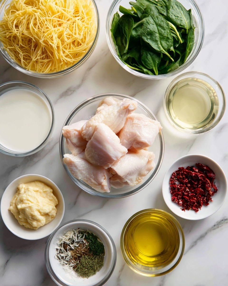 Several clear glass bowls are arranged on a white marbled surface. In the center, there is a bowl of raw chicken pieces with smooth, pale pink skin. Surrounding it, clockwise from top, are bright green fresh spinach leaves in a bowl, a clear glass cup filled with white cream, and another cup with light golden broth. Below the broth, a small bowl with dark red dried chili flakes, next to it a white plate with light golden olive oil. Moving left, a small bowl of creamy lemon yellow ginger paste, a bowl of pale yellow shredded cheese, and small bowls with green dried herbs and red chili flakes. Near the top left, a large bowl filled with dry yellow noodles with a rough texture. The layout is neat and organized, all on the clean white marbled surface, photo taken with an iphone --ar 4:5 --v 7