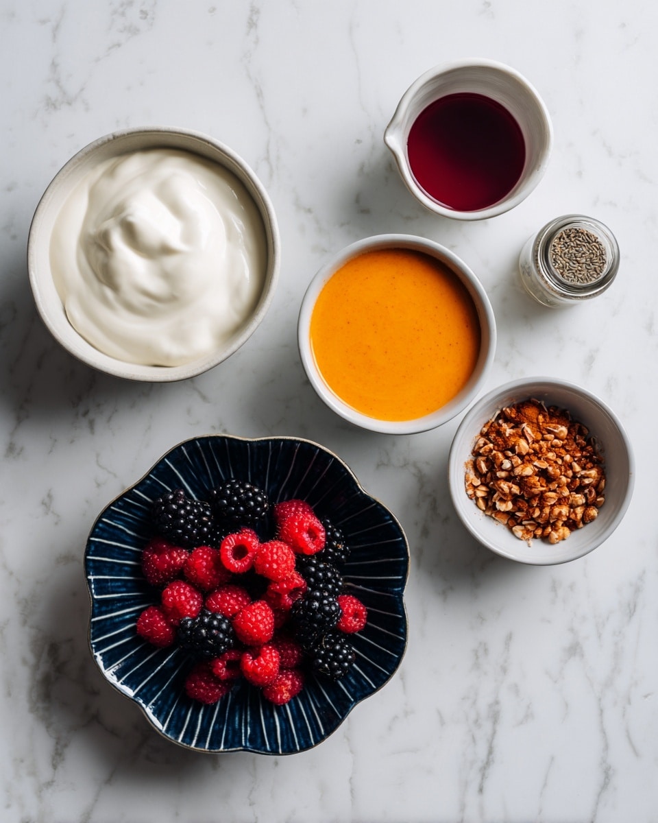 The image shows five white bowls and a small spice bottle arranged on a white marbled surface. The largest bowl contains thick, white yogurt with a smooth texture. Next to it, a smaller white bowl holds bright orange sauce with a creamy look. Another white bowl contains finely chopped brown nuts or seeds. A dark blue scalloped bowl is filled with fresh, colorful berries including red raspberries and blackberries with a shiny surface. There is also a small, closed bottle of ground cinnamon, featuring an orange spice inside. A cup with dark red liquid sits near the bowls. The layout is simple and neat, with all items spaced evenly. Photo taken with an iphone --ar 4:5 --v 7