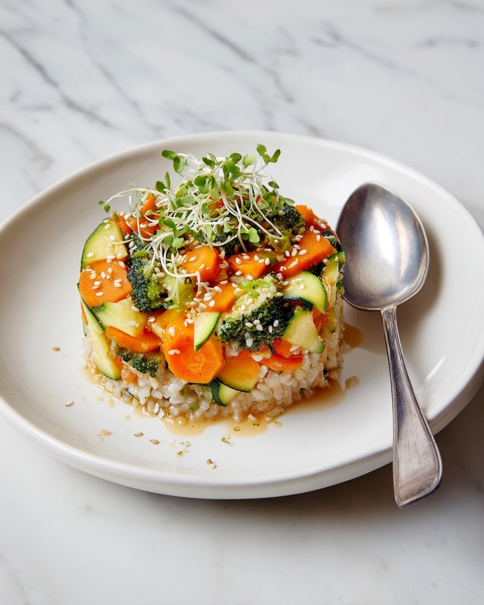 A white plate holds a bed of light brown rice as the base layer, topped with brightly colored cooked vegetables including orange carrots, green broccoli, and zucchini pieces, all mixed with small green leaves and microgreens scattered over the top. A few sesame seeds add texture to the vegetables. A silver spoon rests on the right side of the plate. The background shows a white marbled texture. photo taken with an iphone --ar 4:5 --v 7