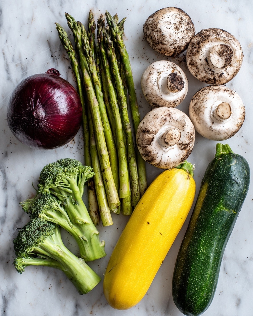 The image shows a group of fresh vegetables arranged on a white marbled surface. There is a whole red onion with a shiny dark purple skin on the left. Next to it are six green asparagus spears with pointed tops. To the right of the asparagus, there are six round white mushrooms with some soil marks. Below the mushrooms are a bright yellow squash and a green zucchini lying side by side. On the far left, there are two small green broccoli stalks. All vegetables show natural textures and colors clearly. photo taken with an iphone --ar 4:5 --v 7