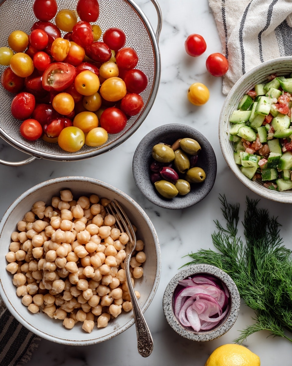 The image shows a collection of fresh ingredients arranged on a white marbled surface. In the center, a silver colander holds small red and yellow cherry tomatoes with smooth, shiny skins. Below, a large white bowl is filled with round, beige chickpeas with a matte texture, and a fork rests on the edge. To the right, there is a white bowl with diced green cucumber pieces mixed with red cherry tomatoes. A small dark gray bowl holds sliced black olives with a glossy surface. Next to that, a small stone bowl contains thinly sliced pinkish-red onions with a fork inside. At the bottom right, a bright yellow lemon with a smooth skin sits next to some fresh dill sprigs with feathery green leaves. A striped cloth is visible at the top right corner. photo taken with an iphone --ar 4:5 --v 7