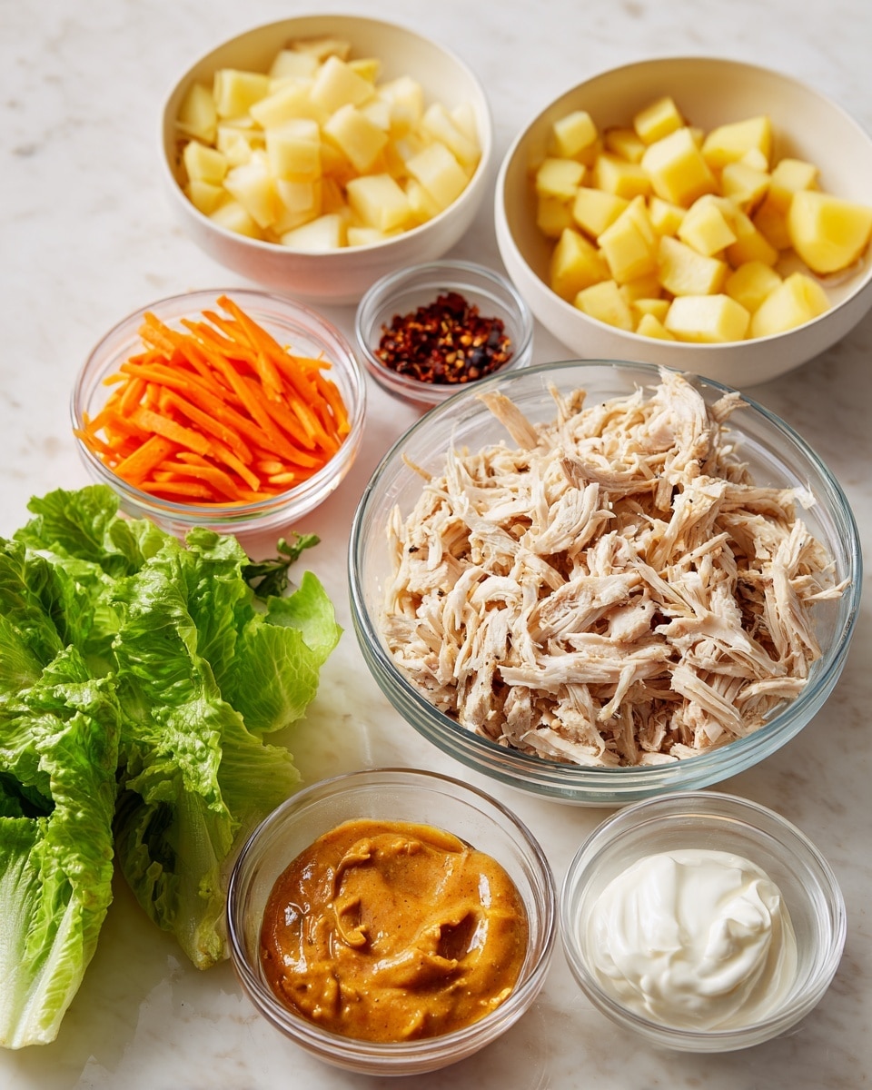 The image shows six separate white bowls on a white marbled surface, each containing different ingredients for a meal. In the center is a clear glass bowl filled with shredded light brown and white cooked chicken. Above it, a white bowl holds small, pale yellow diced pieces, likely potatoes. To the left, a white bowl contains thin, bright orange carrot sticks. Next to it is a small clear bowl with dark red chili flakes. On the right side, there is a white bowl with a thick, orange-brown sauce, and below it a clear bowl holds smooth, white sour cream. Fresh green lettuce leaves are placed on the left side outside the bowls. Photo taken with an iphone --ar 4:5 --v 7