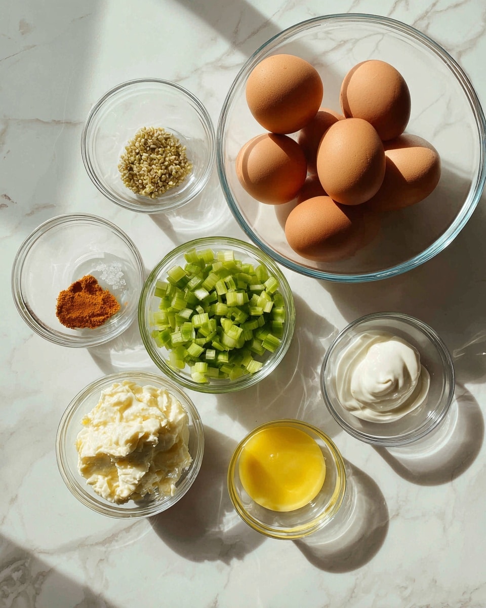 The image shows a white marbled surface with six clear glass bowls arranged neatly. One bowl is large and filled with seven brown eggs, placed on the right side. Next to it, five smaller bowls contain chopped green celery pieces, a small amount of light brown seeds, bright yellow lemon juice, a small amount of orange powder, thick white mayonnaise, and a little bit of clear liquid. A woman's hand is not present in the scene. The lighting is bright and natural. photo taken with an iphone --ar 4:5 --v 7